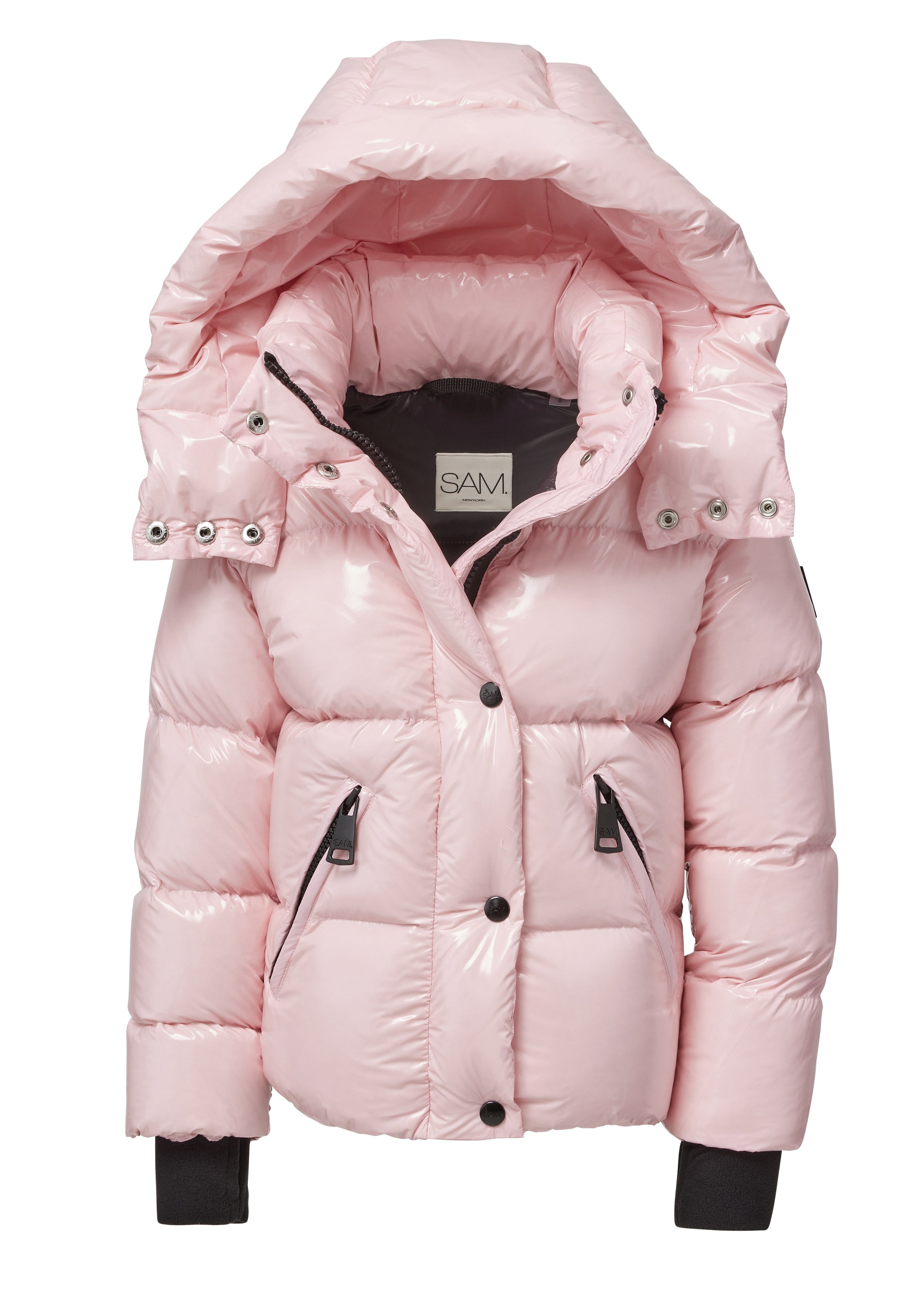 GIRLS ELSA puffer jacket in shiny petal pink color with black thumbhole cuffs