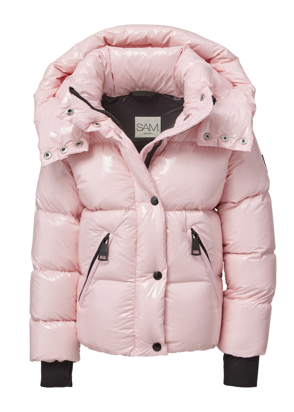 GIRLS ELSA puffer jacket in shiny petal pink color with black thumbhole cuffs