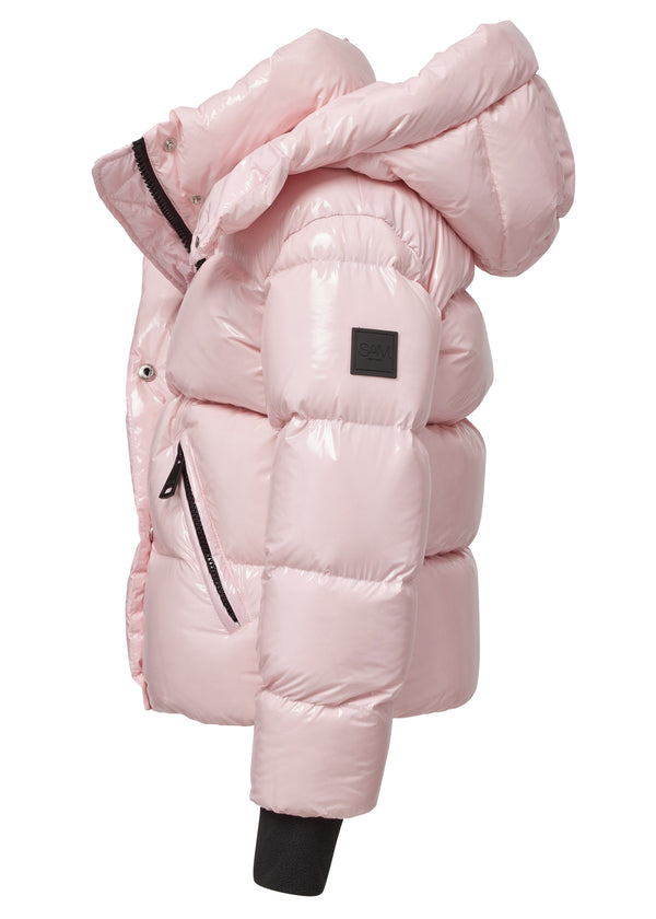 GIRLS ELSA puffer jacket in shiny petal pink color with black thumbhole cuffs