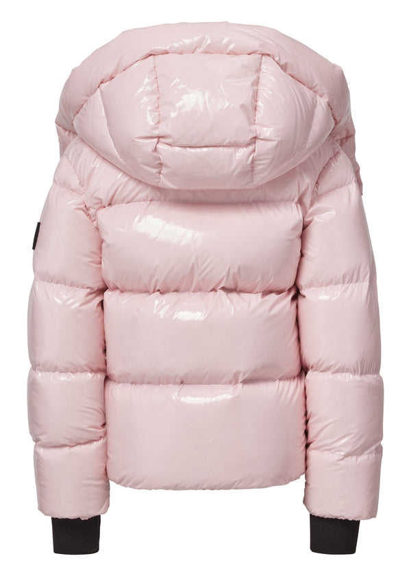 GIRLS ELSA puffer jacket in shiny petal pink color with black thumbhole cuffs