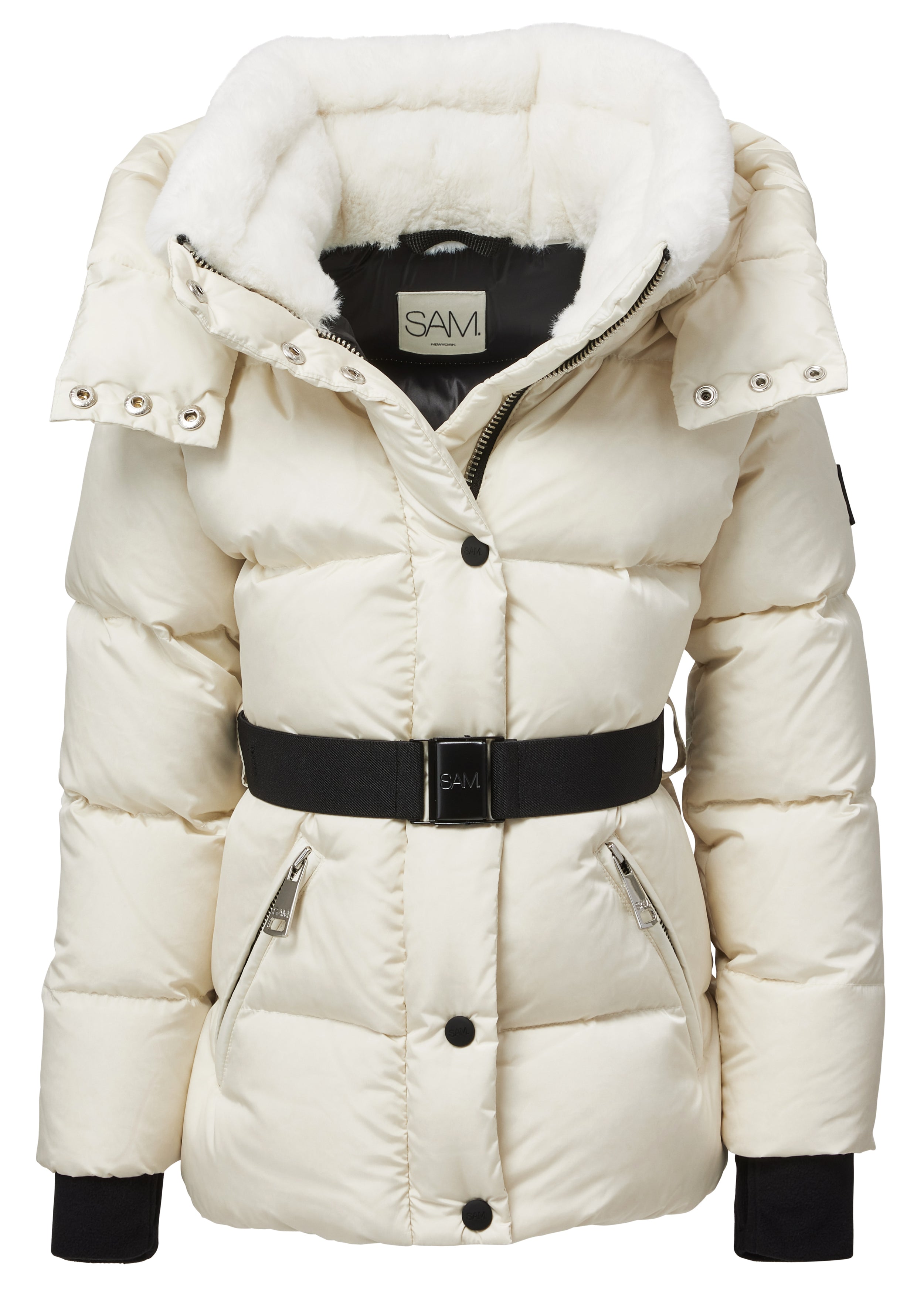 Cream puffer jacket with fur hood best sale