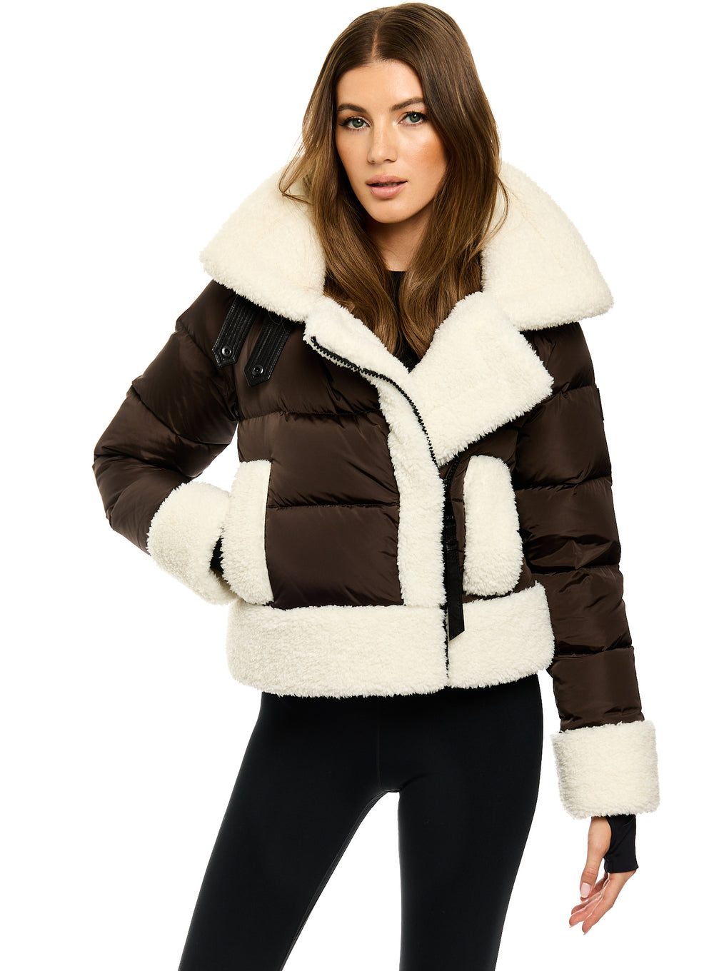SAM new york womens bennett down puffer jacket with sherpa trim in
