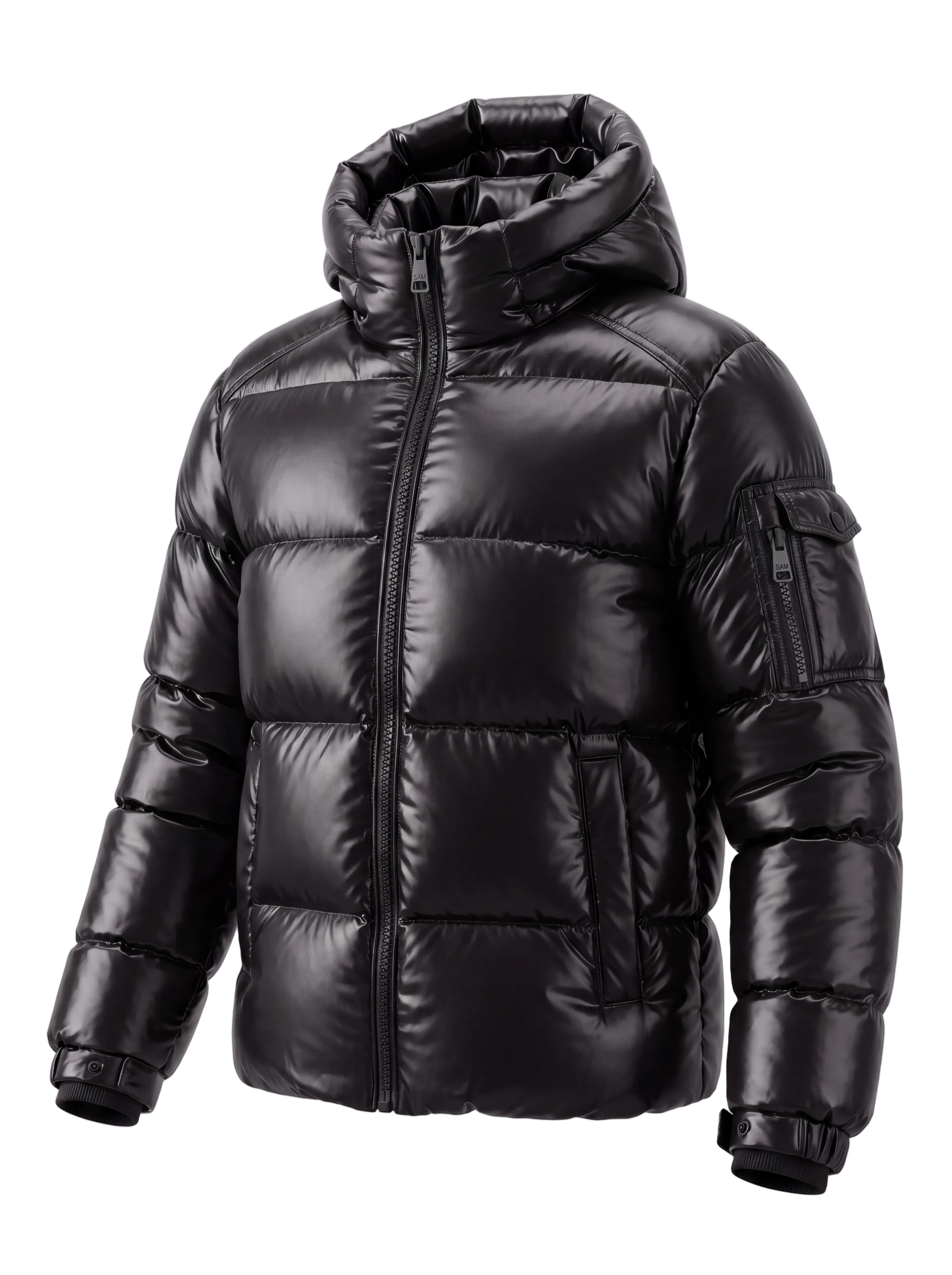 BOYS PARKER A shiny black hooded puffer jacket with horizontal quilting, a full front zipper, and a zippered sleeve pocket, shown on a plain light gray background.