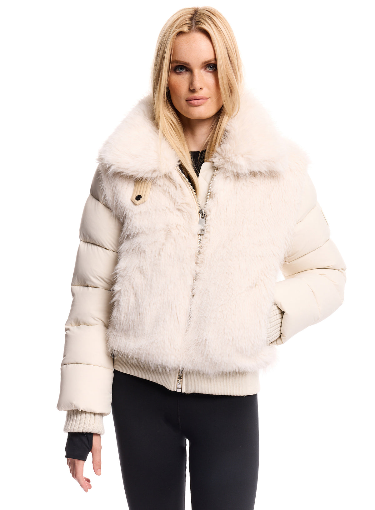 SAM new york womens faux fur CARLIE puffer bomber jacket in ivory