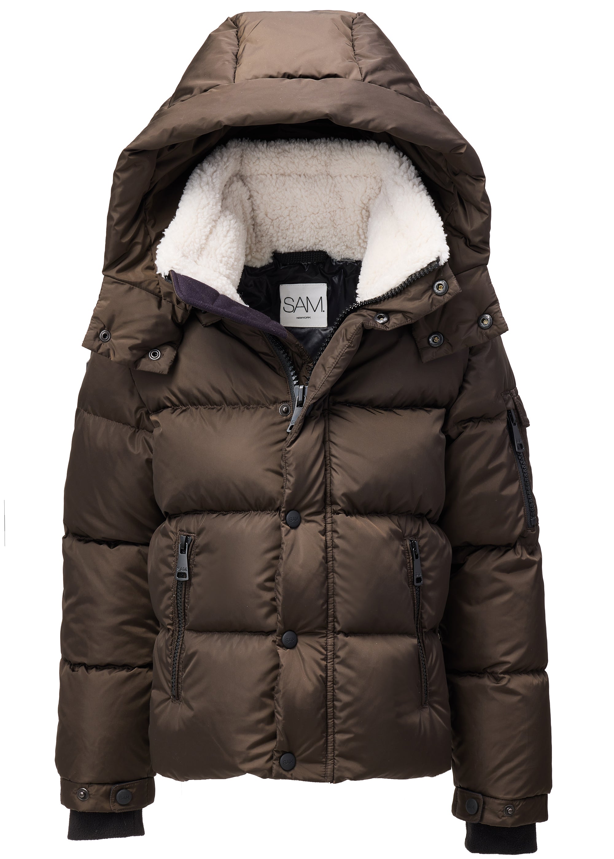 BOYS FRONTIER A brown puffer jacket with a white sherpa-lined hood, featuring a front zipper, snap-button closure, and zippered pockets, shown against a plain white background.