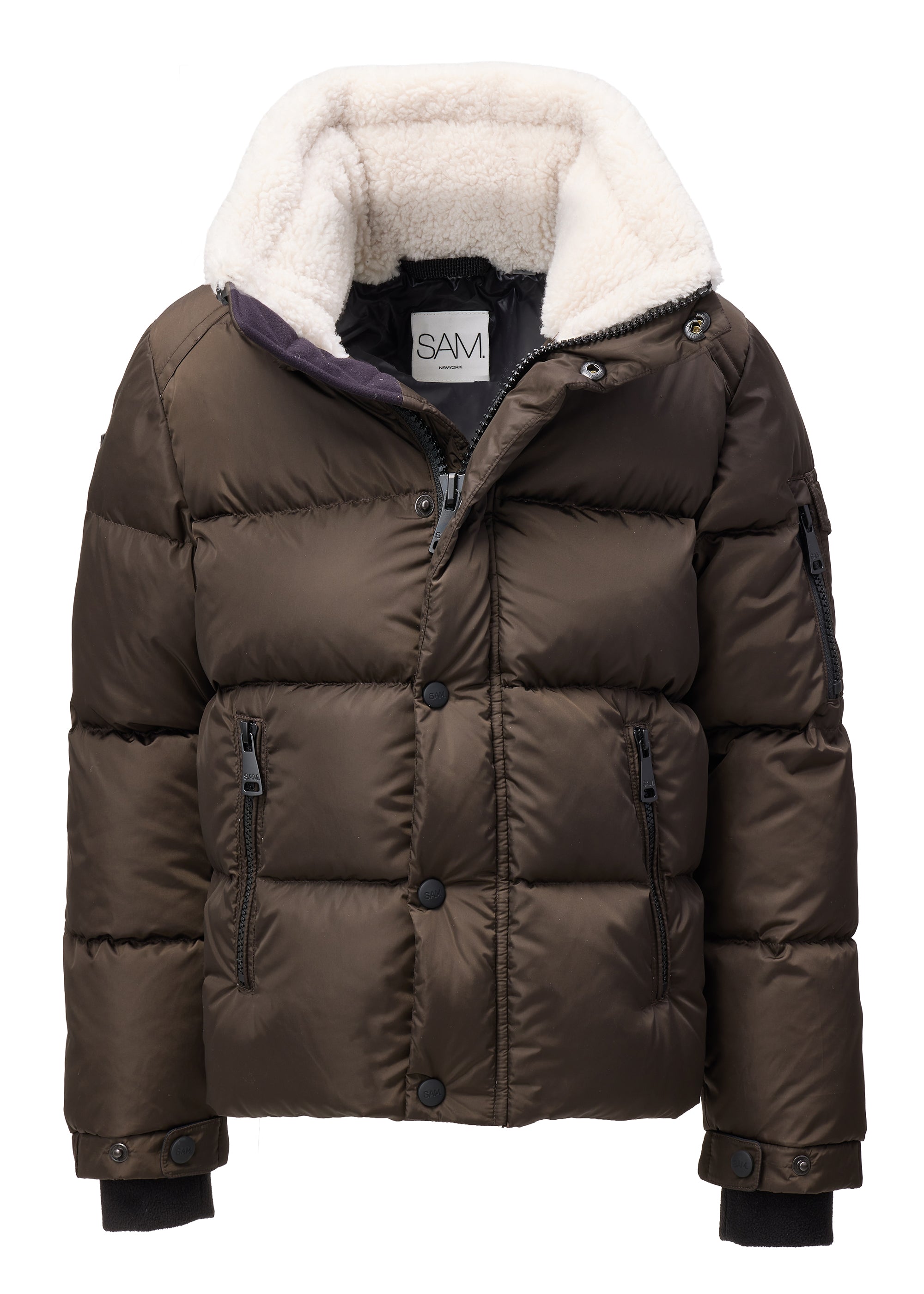 BOYS FRONTIER A dark brown puffer jacket with a thick cream-colored fleece lining on the hood, featuring a front zipper and button closure, shown against a plain white background.