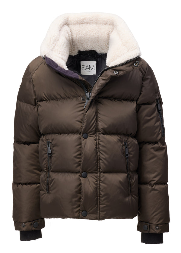 BOYS FRONTIER A dark brown puffer jacket with a thick cream-colored fleece lining on the hood, featuring a front zipper and button closure, shown against a plain white background.