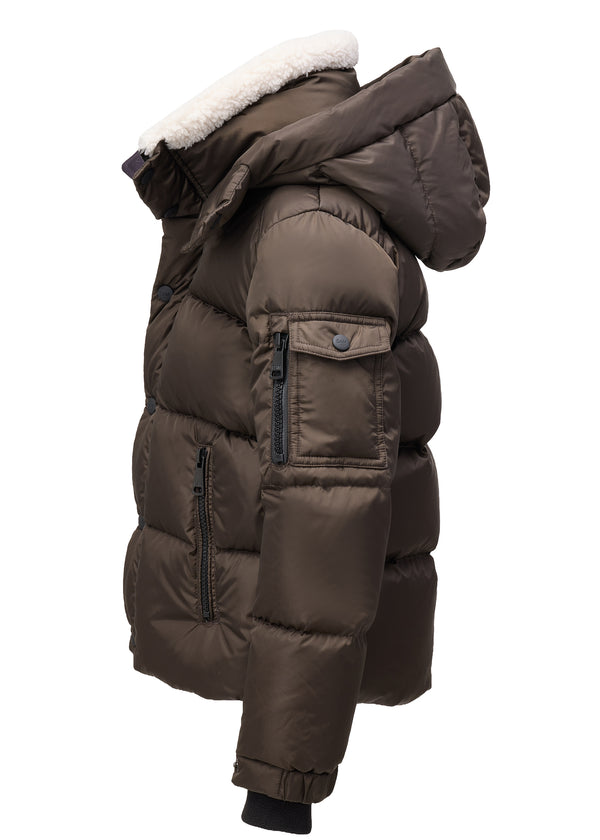BOYS FRONTIER A dark brown puffer jacket with a white sherpa-lined hood, shown from a side profile view against a plain white background.