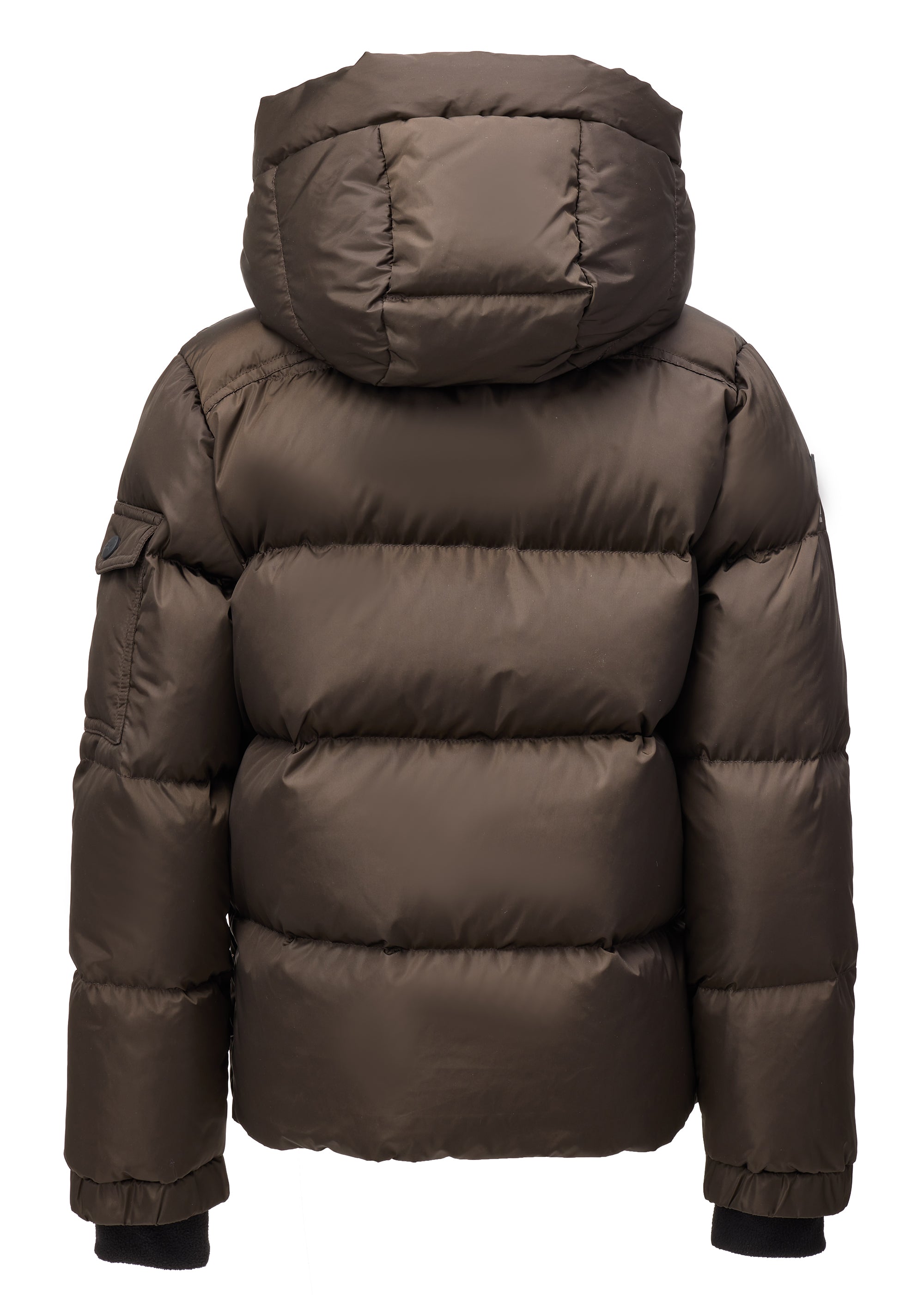 BOYS FRONTIER A dark brown puffer jacket with horizontal quilting, shown from the back against a plain white background.
