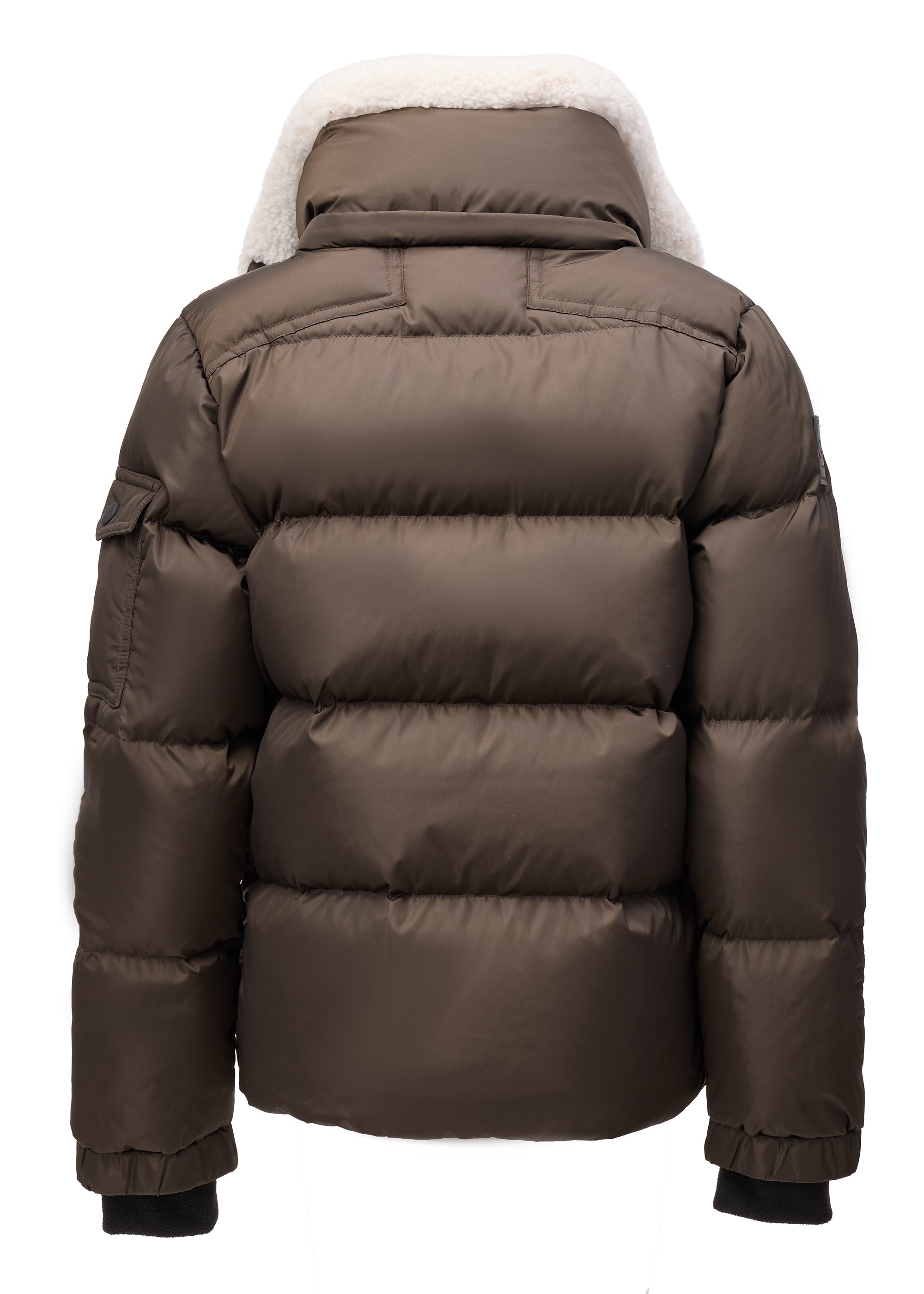 BOYS FRONTIER A dark brown puffer jacket with a white sherpa-lined hood, shown from the back on a white background.