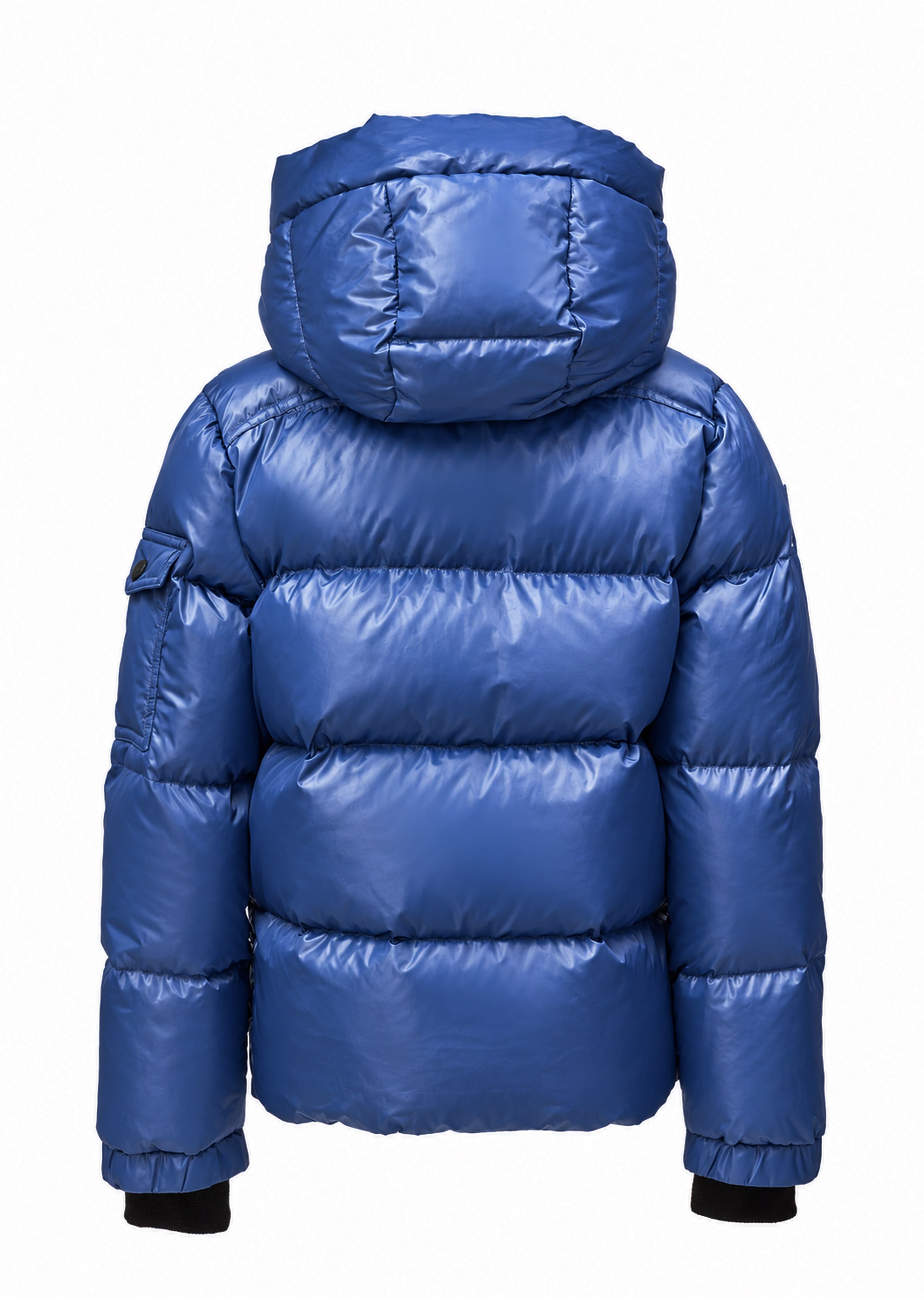 BOYS FRONTIER A shiny royal blue puffer jacket shown from the back, featuring horizontal quilting, a large hood, and black ribbed cuffs, set against a plain white background.