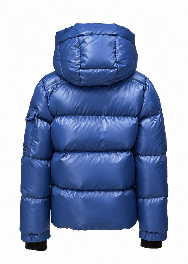 BOYS FRONTIER A shiny royal blue puffer jacket shown from the back, featuring horizontal quilting, a large hood, and black ribbed cuffs, set against a plain white background.