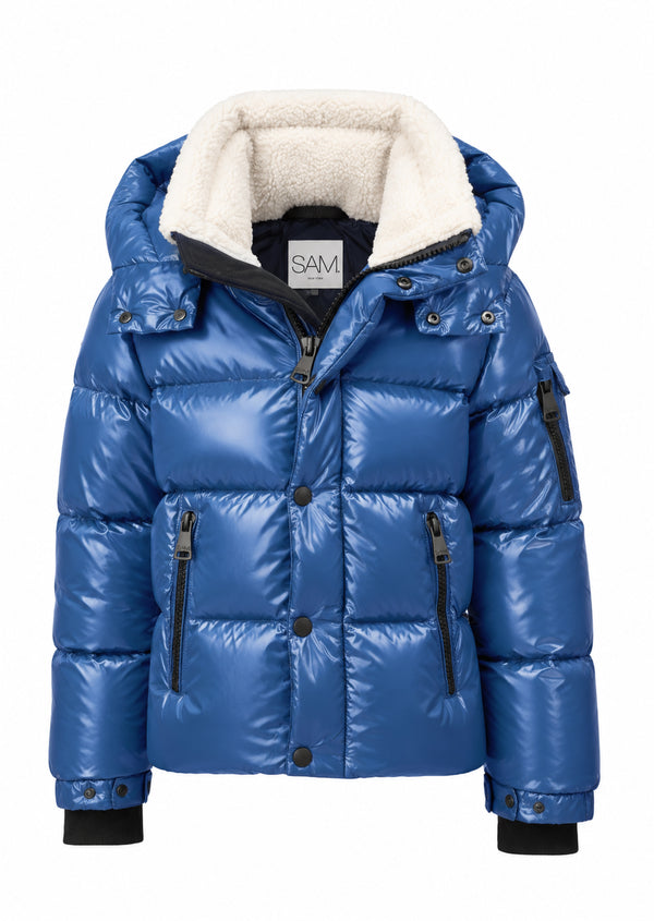 A shiny blue puffer jacket with a white sherpa-lined hood, black trim, and front zipper pockets, shown on a plain white background.