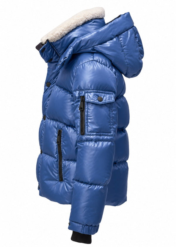BOYS FRONTIER A shiny blue puffer jacket with a white sherpa-lined hood, shown from a side profile view against a plain white background.