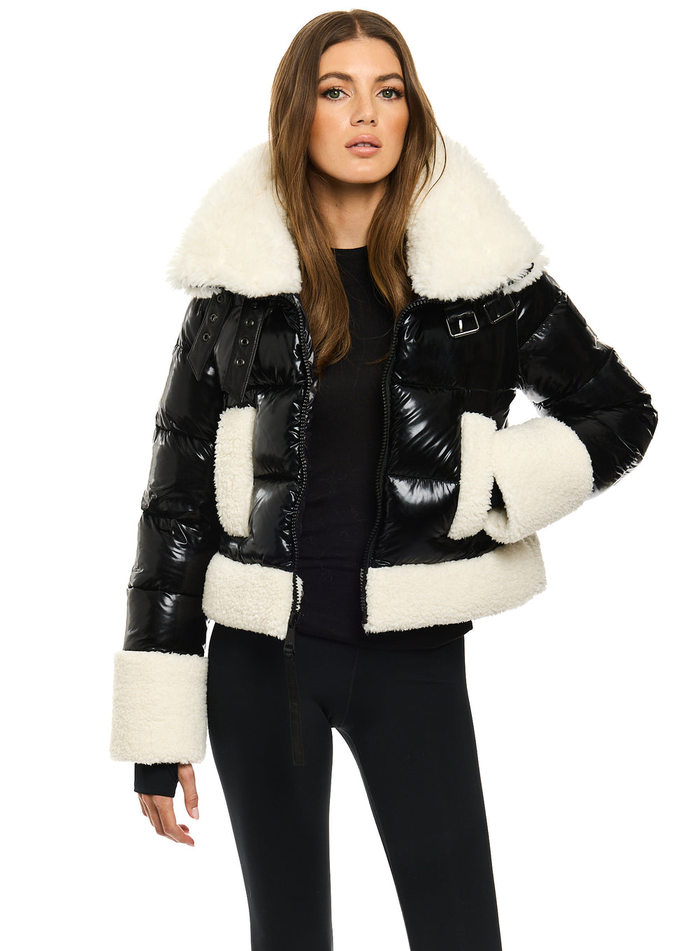 SAM new york womens HALLIE puffer jacket with sherpa trim in black | SAM.