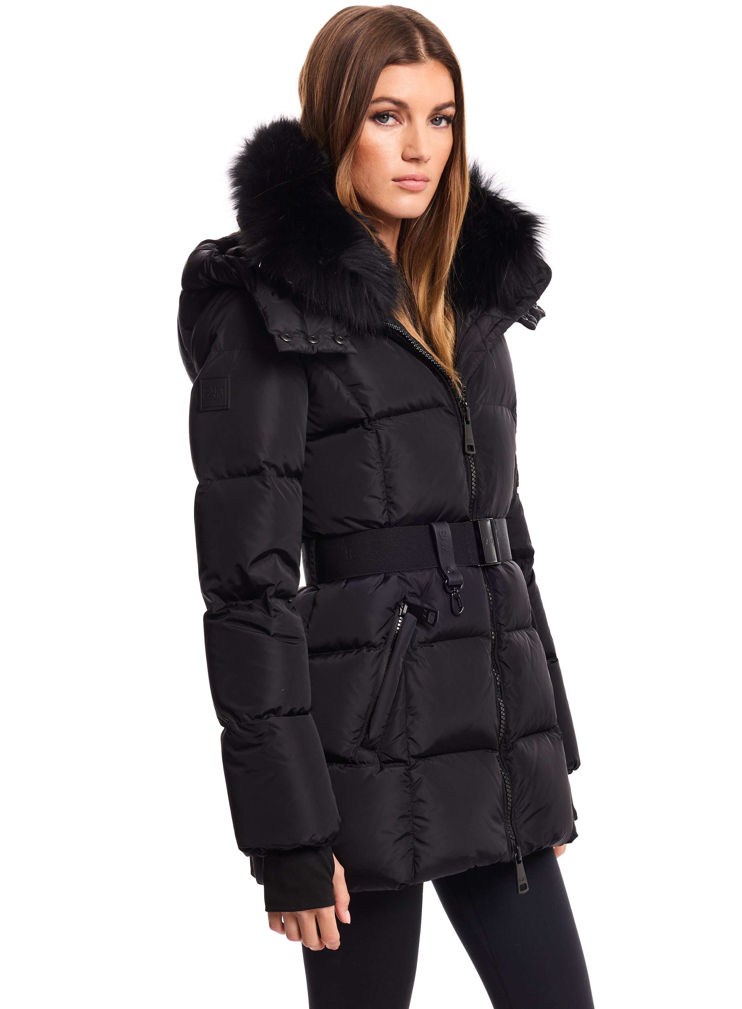 SAM new york womens luxe SOHO belted puffer coat with detachable hood in matte black SAM