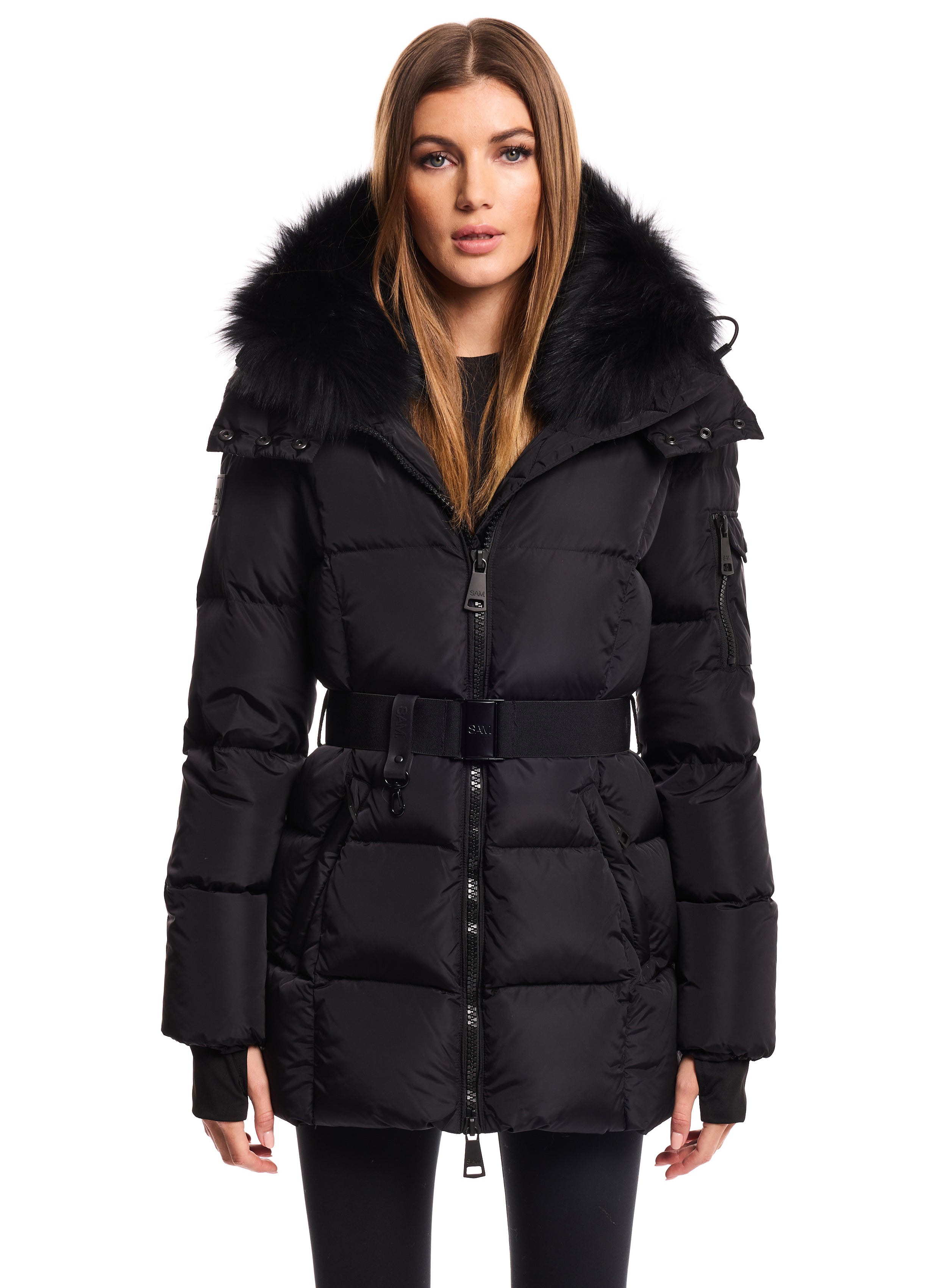 Belted puffer jacket black online