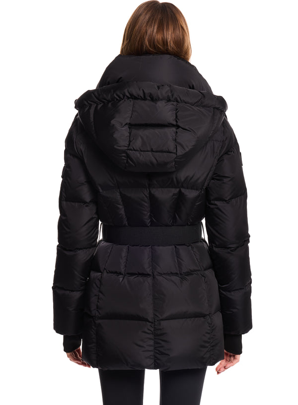 SAM new york womens luxe SOHO belted puffer coat with detachable hood in matte black SAM