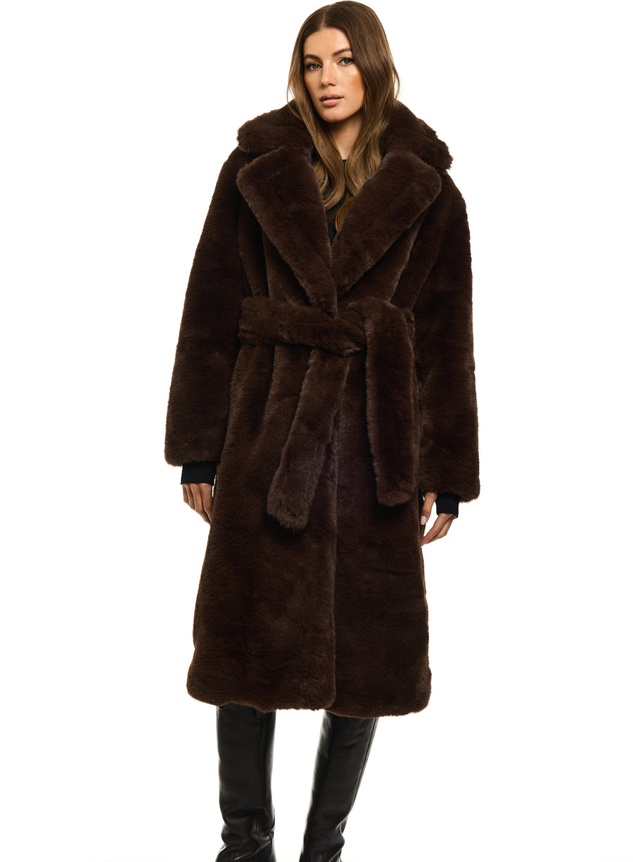 SAM new york womens MADDOX long belted faux fur coat in brown | SAM.