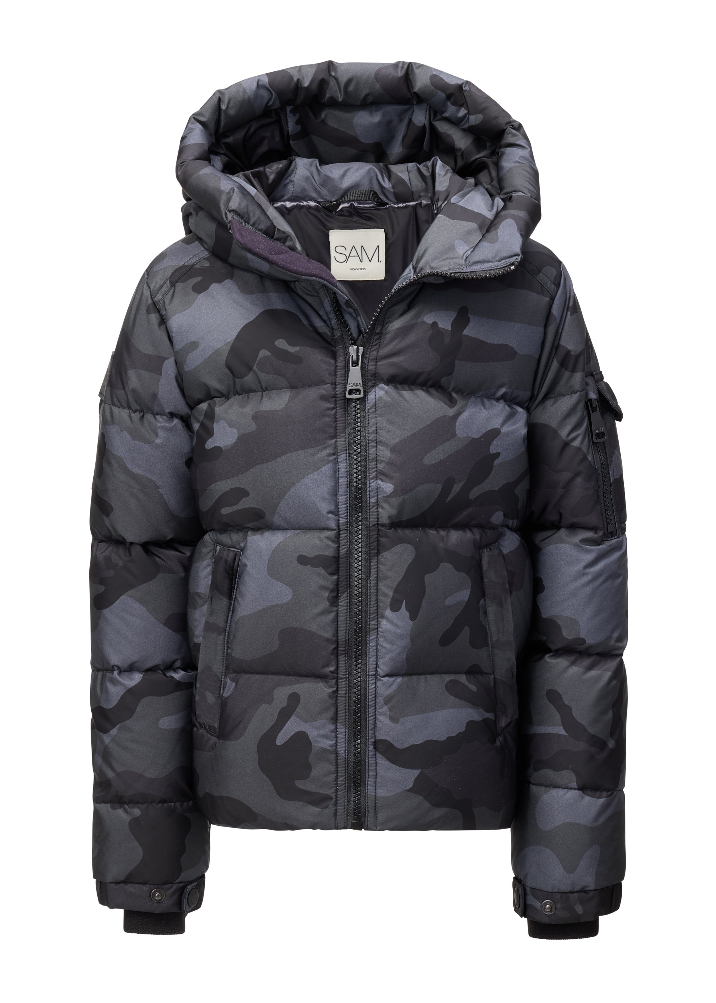 BOYS PARKER front view of a grey camouflage hooded puffer jacket against a white background