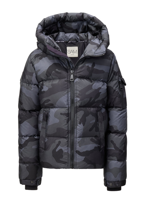 front view of a grey camouflage hooded puffer jacket against a white background