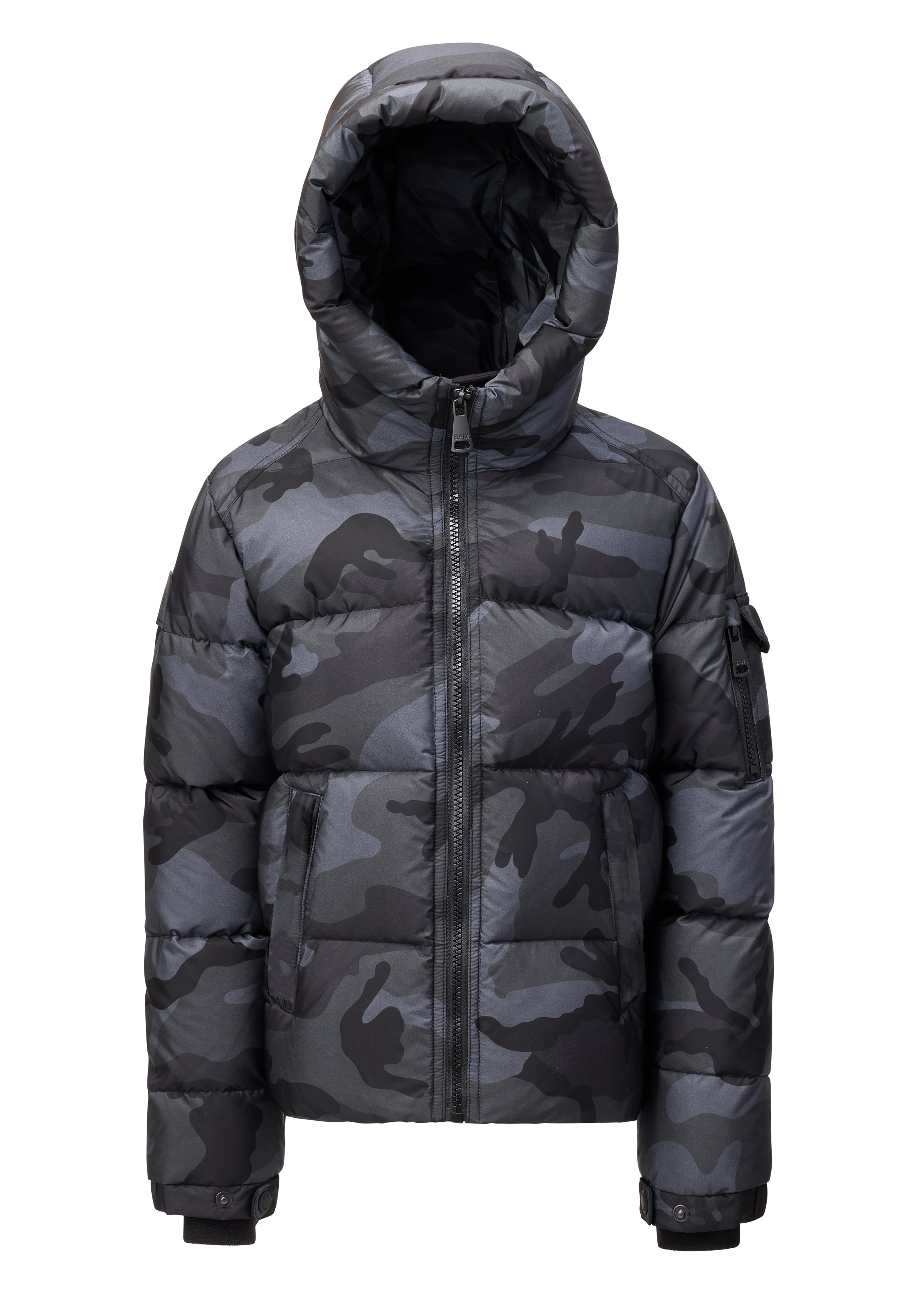 BOYS PARKER front view of a grey camouflage hooded puffer jacket against a white background