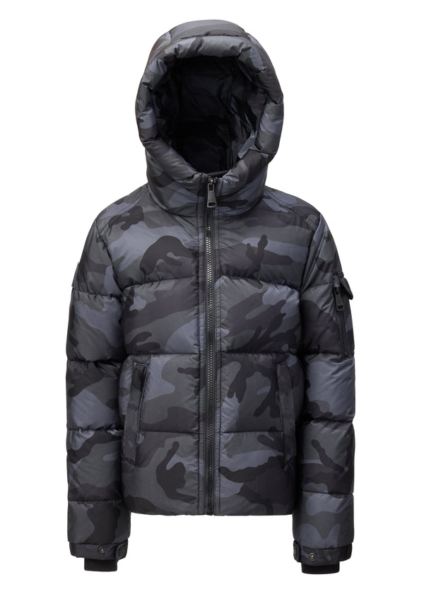 BOYS PARKER front view of a grey camouflage hooded puffer jacket against a white background