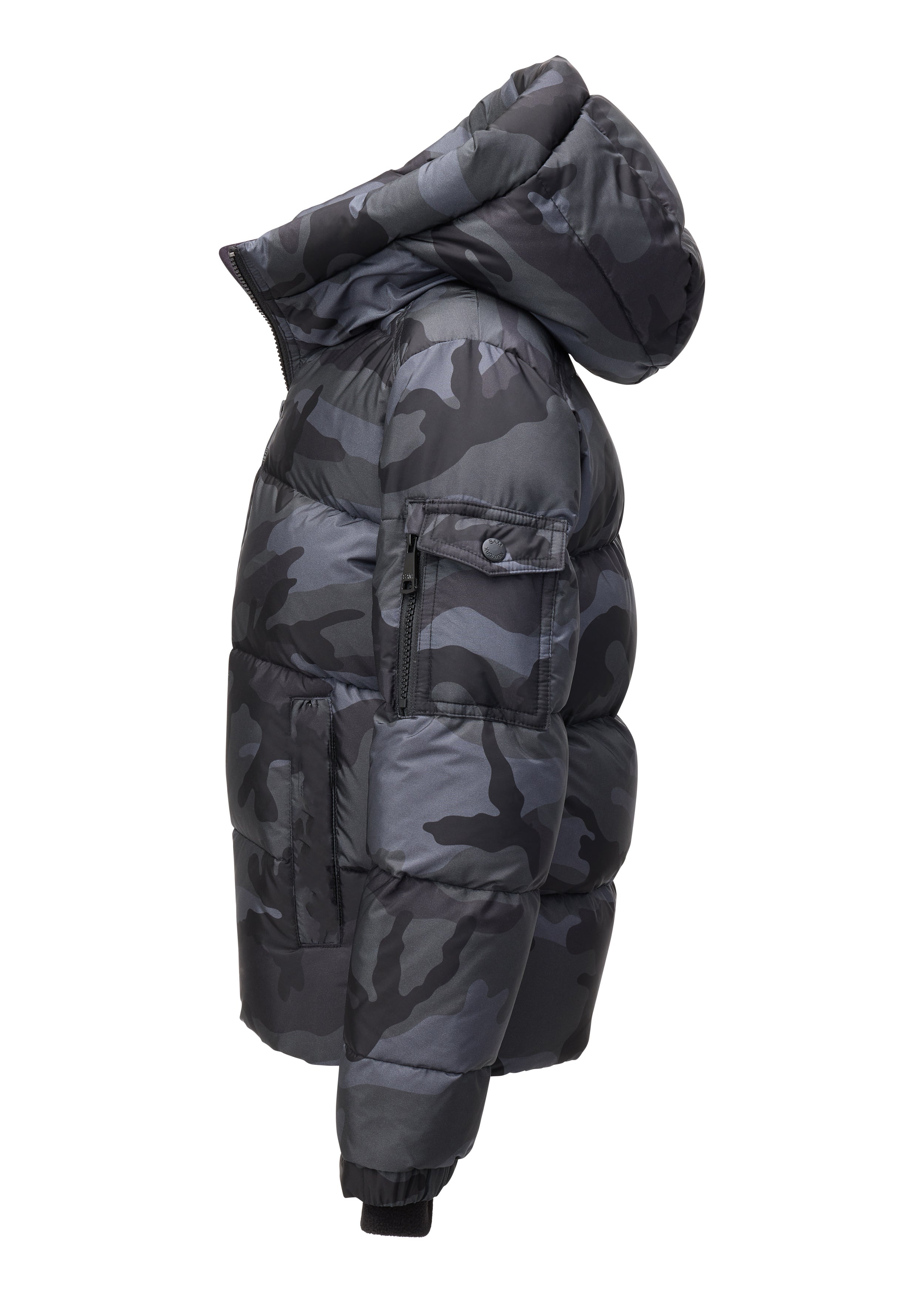 BOYS PARKER side view of a grey camouflage hooded puffer jacket against a white background
