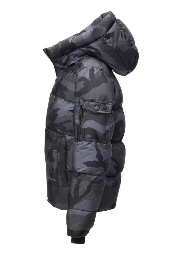 BOYS PARKER side view of a grey camouflage hooded puffer jacket against a white background