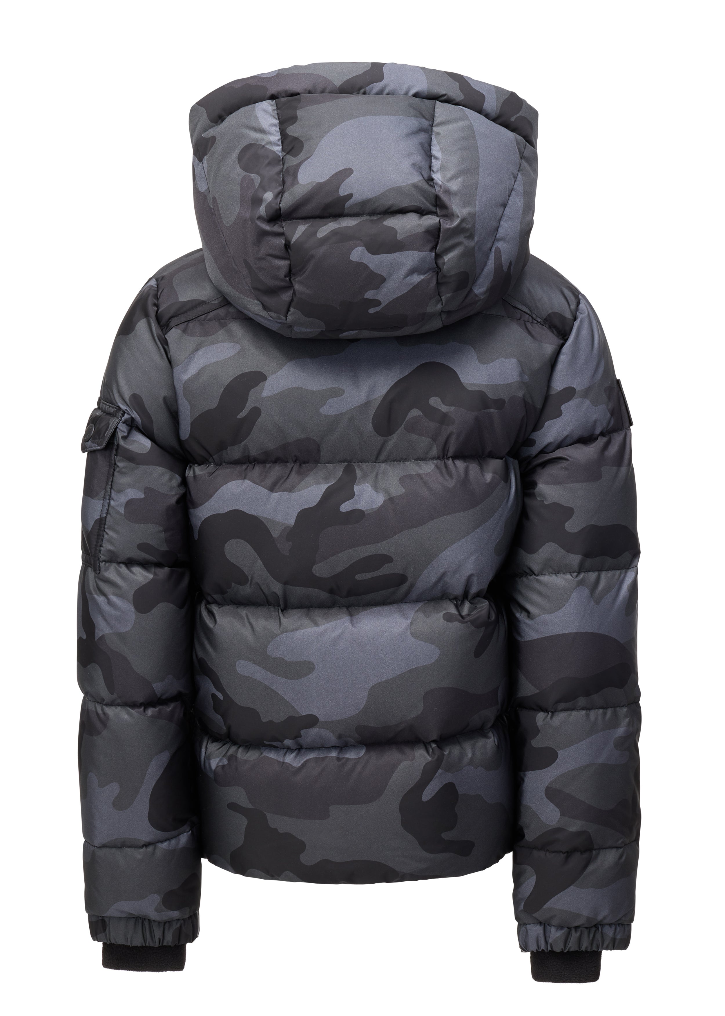 BOYS PARKER back view of a grey camouflage hooded puffer jacket against a white background