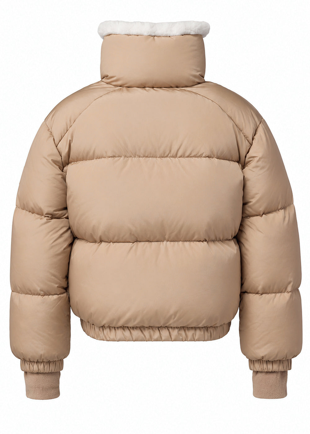 GIRLS SABRINA tan puffer jacket from the back view. sherpa collar, snap front placket, patch pockets against a white background