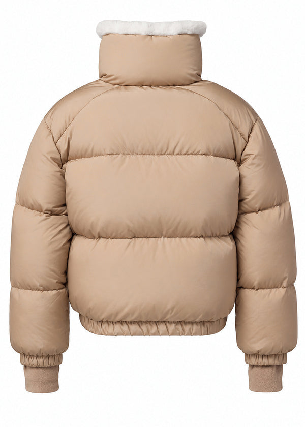 GIRLS SABRINA tan puffer jacket from the back view. sherpa collar, snap front placket, patch pockets against a white background