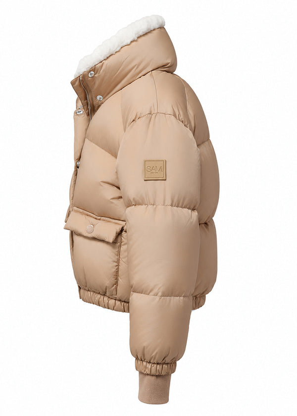 GIRLS SABRINA tan puffer jacket from the side view. sherpa collar, snap front placket, patch pockets against a white background
