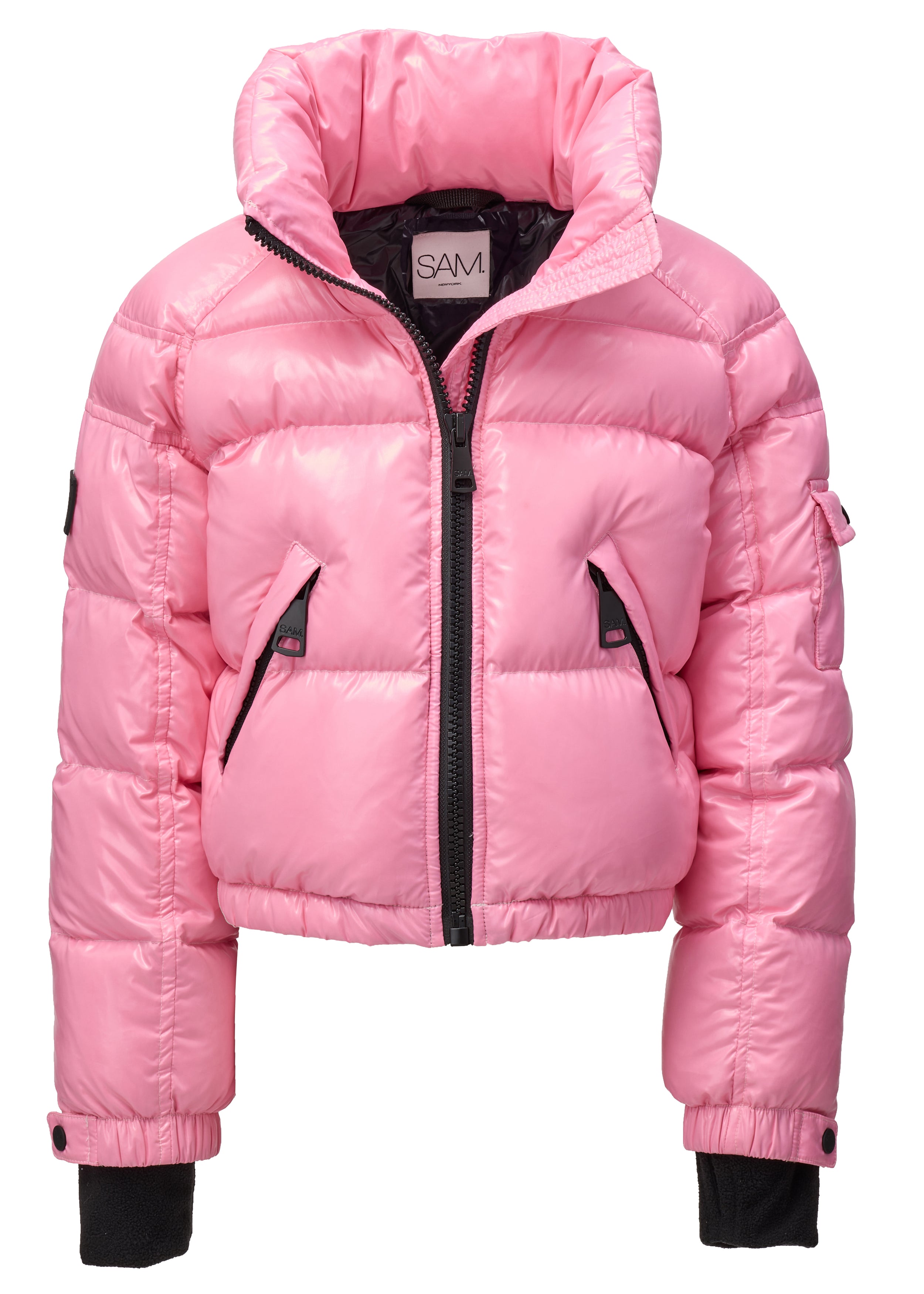 GIRLS CROPPED FREESTYLE A shiny pink puffer jacket with a high collar, black front zipper, and black trim details, shown on a plain white background.