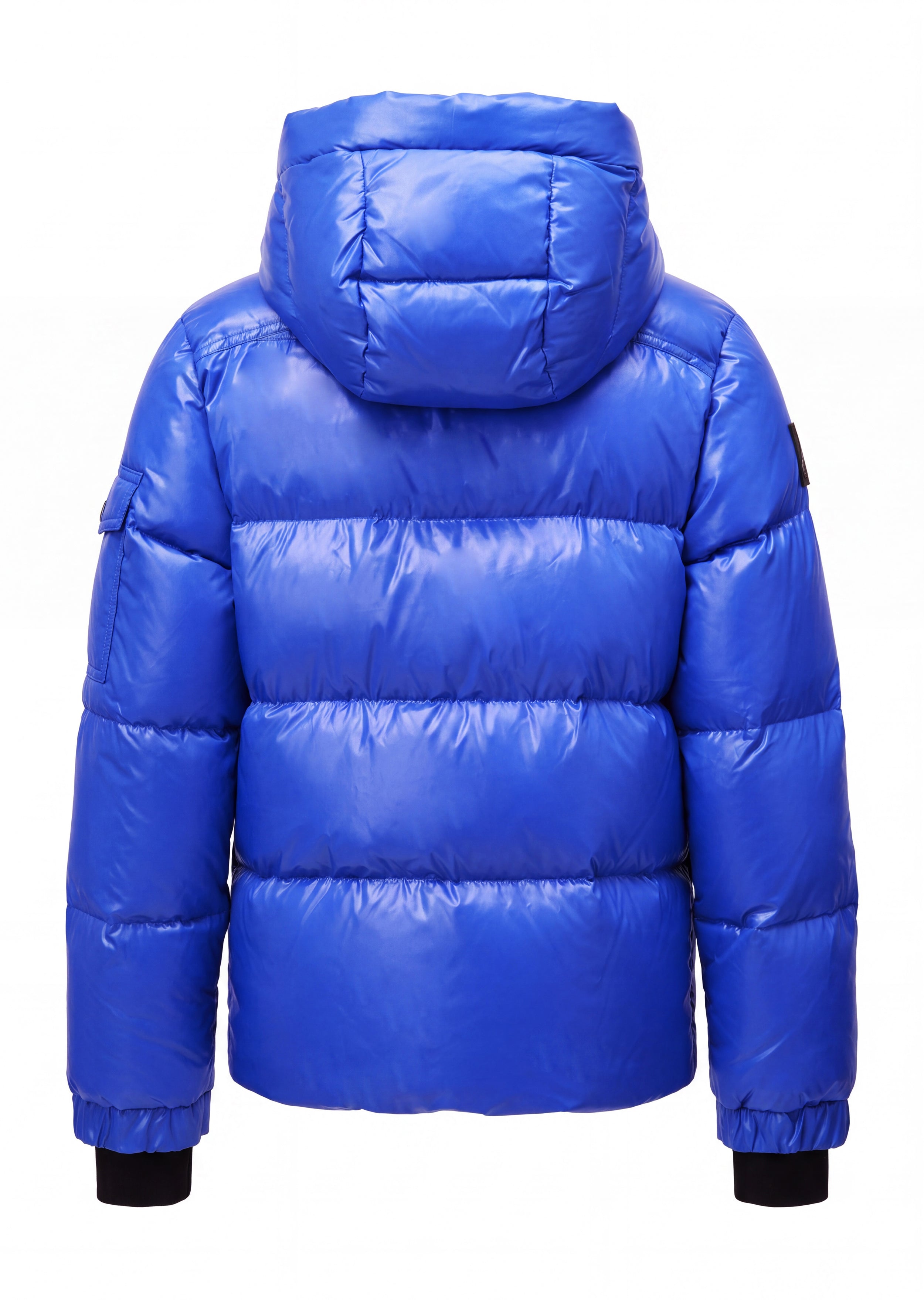 BOYS GLACIER A bright blue puffer jacket shown from the back, featuring horizontal quilting, a hood, and black ribbed cuffs, set against a plain white background.