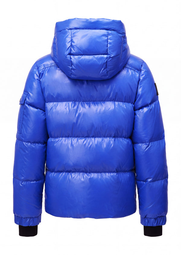 BOYS GLACIER A bright blue puffer jacket shown from the back, featuring horizontal quilting, a hood, and black ribbed cuffs, set against a plain white background.