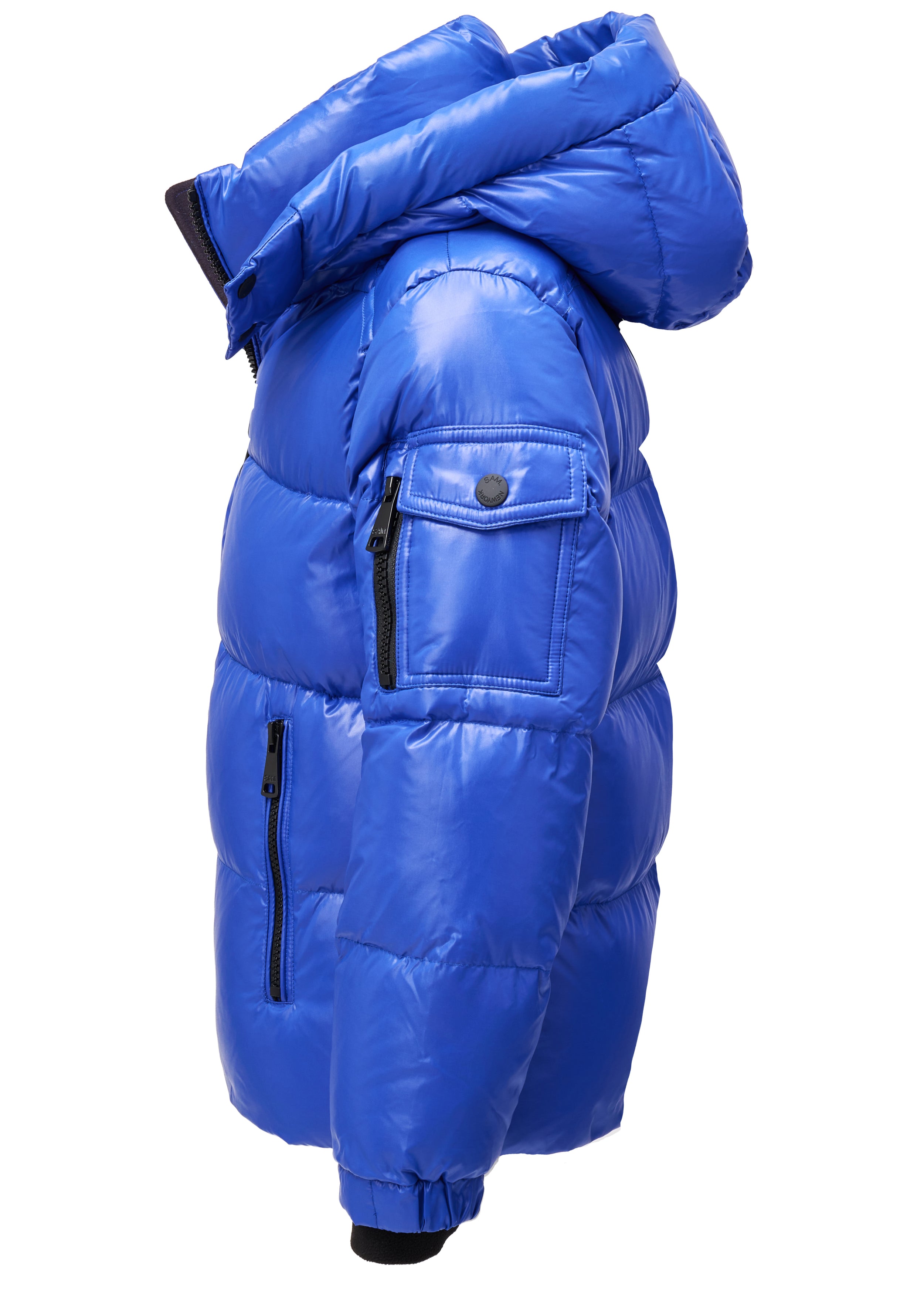 BOYS GLACIER A bright blue hooded puffer jacket shown from a side profile view against a plain white background.