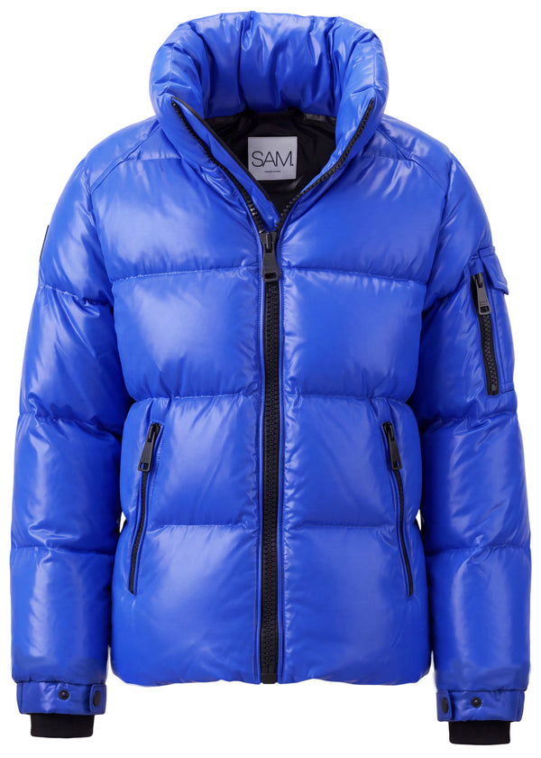 BOYS GLACIER blue puffer jacket with black zipper on a white background