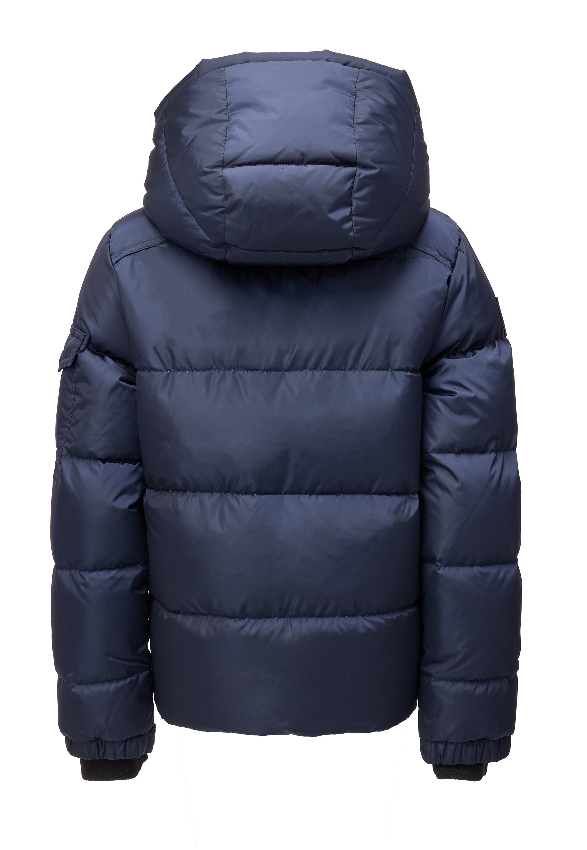 TODDLER BOYS PARKER navy quilted puffer jacket from the back with the hood down against a  white background