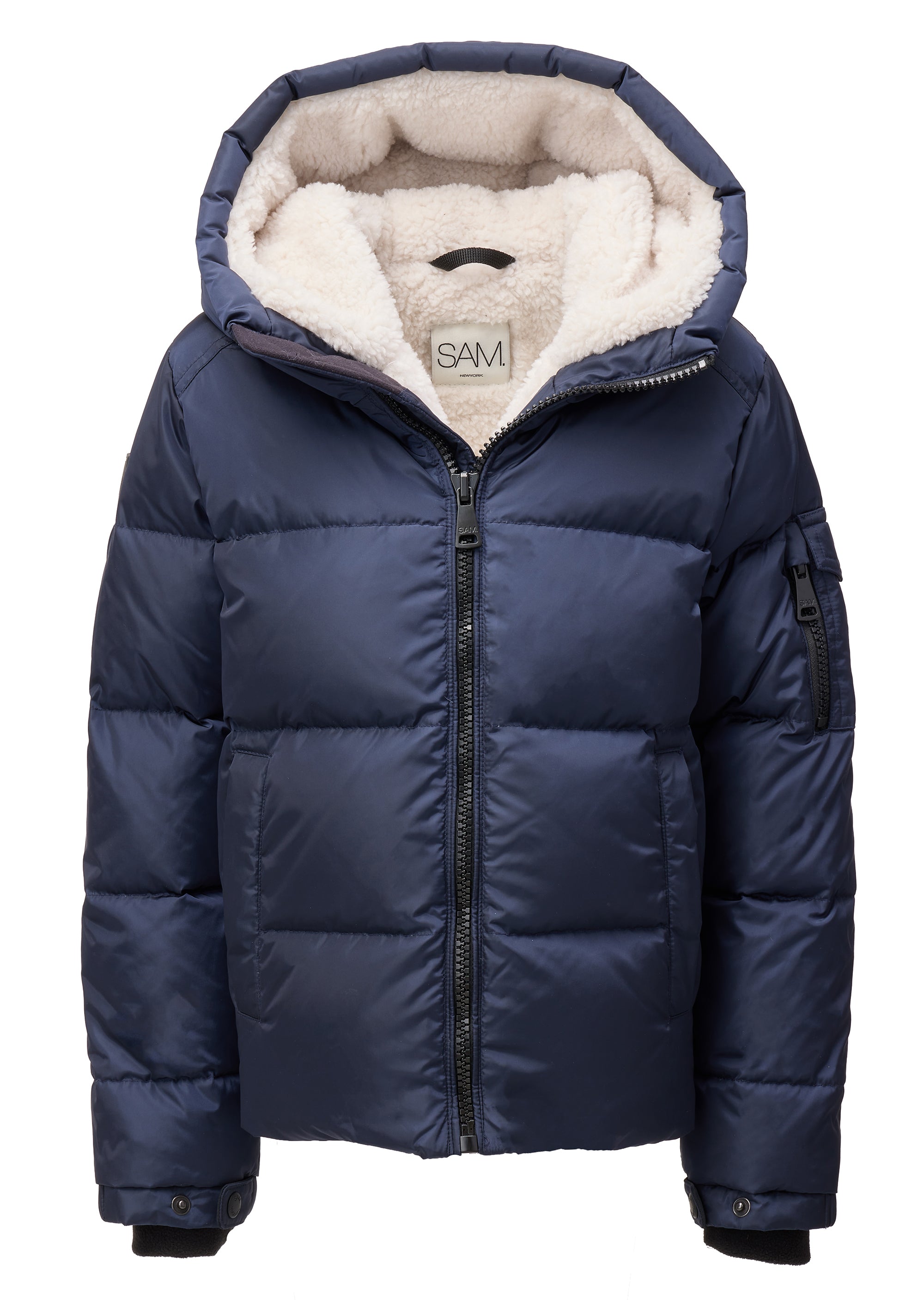 TODDLER BOYS SHERPA PARKER A navy blue puffer jacket with a thick cream sherpa-lined hood, front zipper, and zippered sleeve, shown on a plain white background.