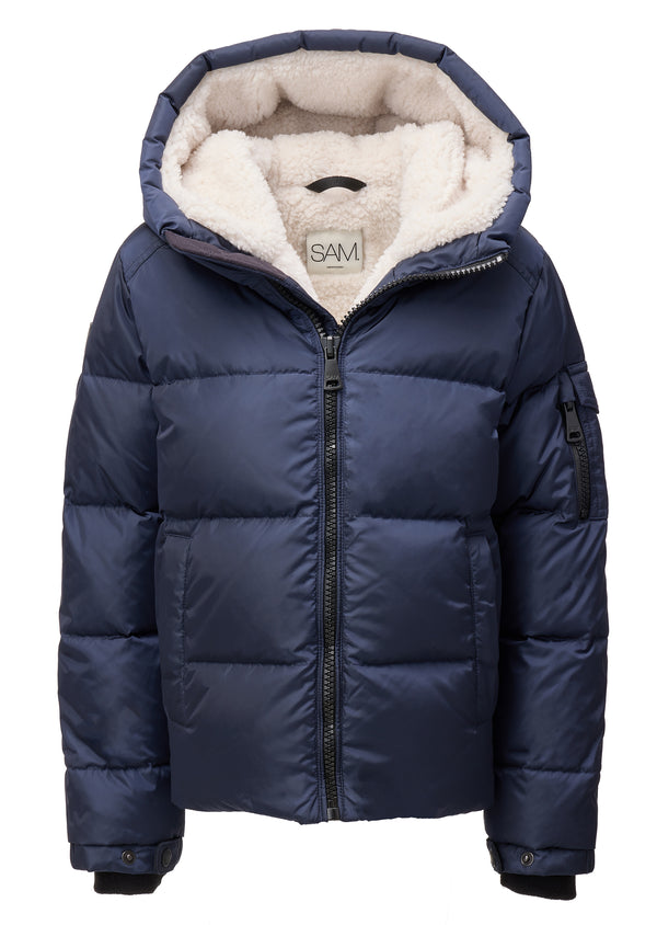 A navy blue puffer jacket with a thick cream sherpa-lined hood, front zipper, and zippered sleeve, shown on a plain white background.