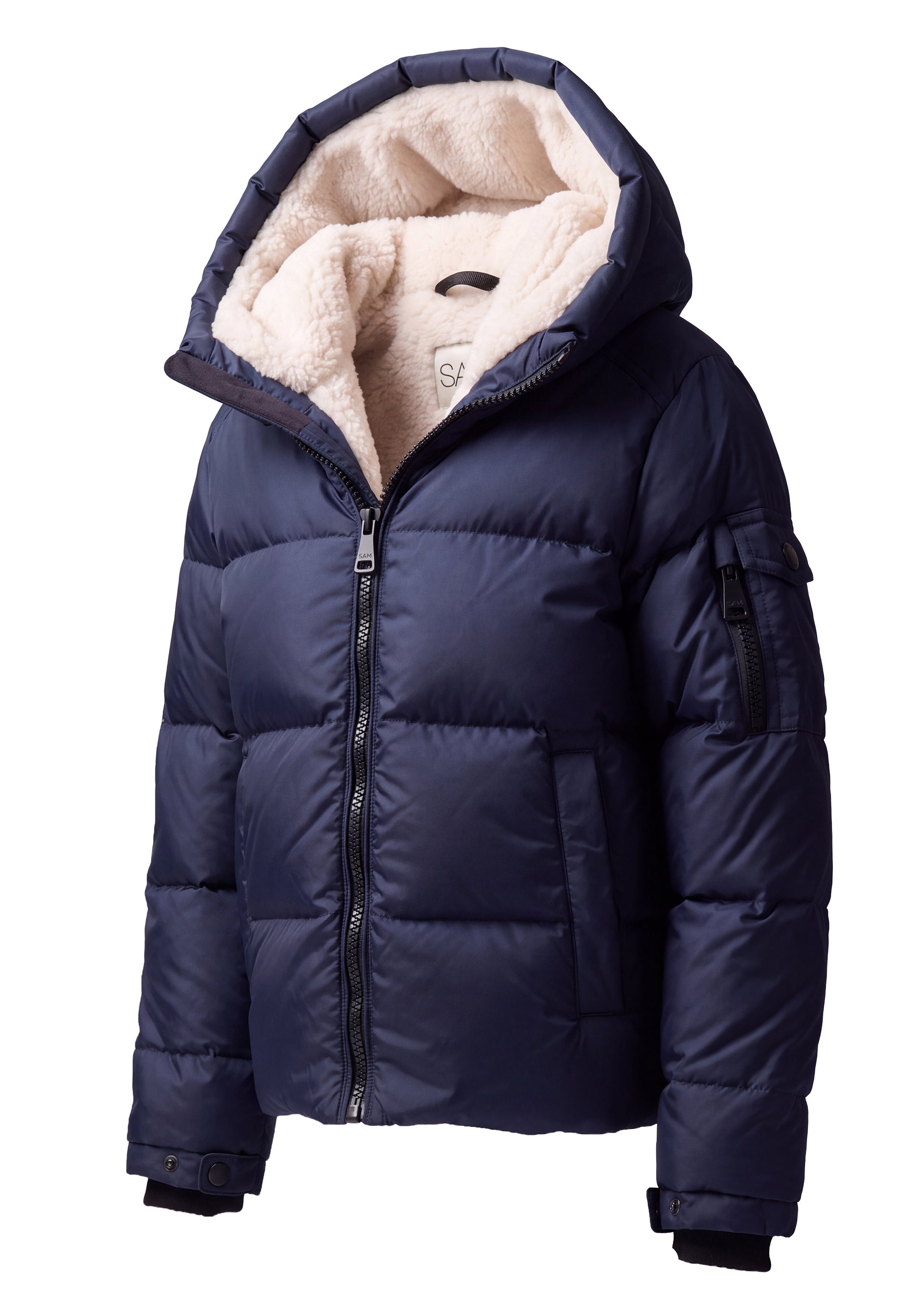 TODDLER BOYS SHERPA PARKER A navy blue hooded puffer jacket with a plush cream-colored fleece lining, shown on a plain white background.