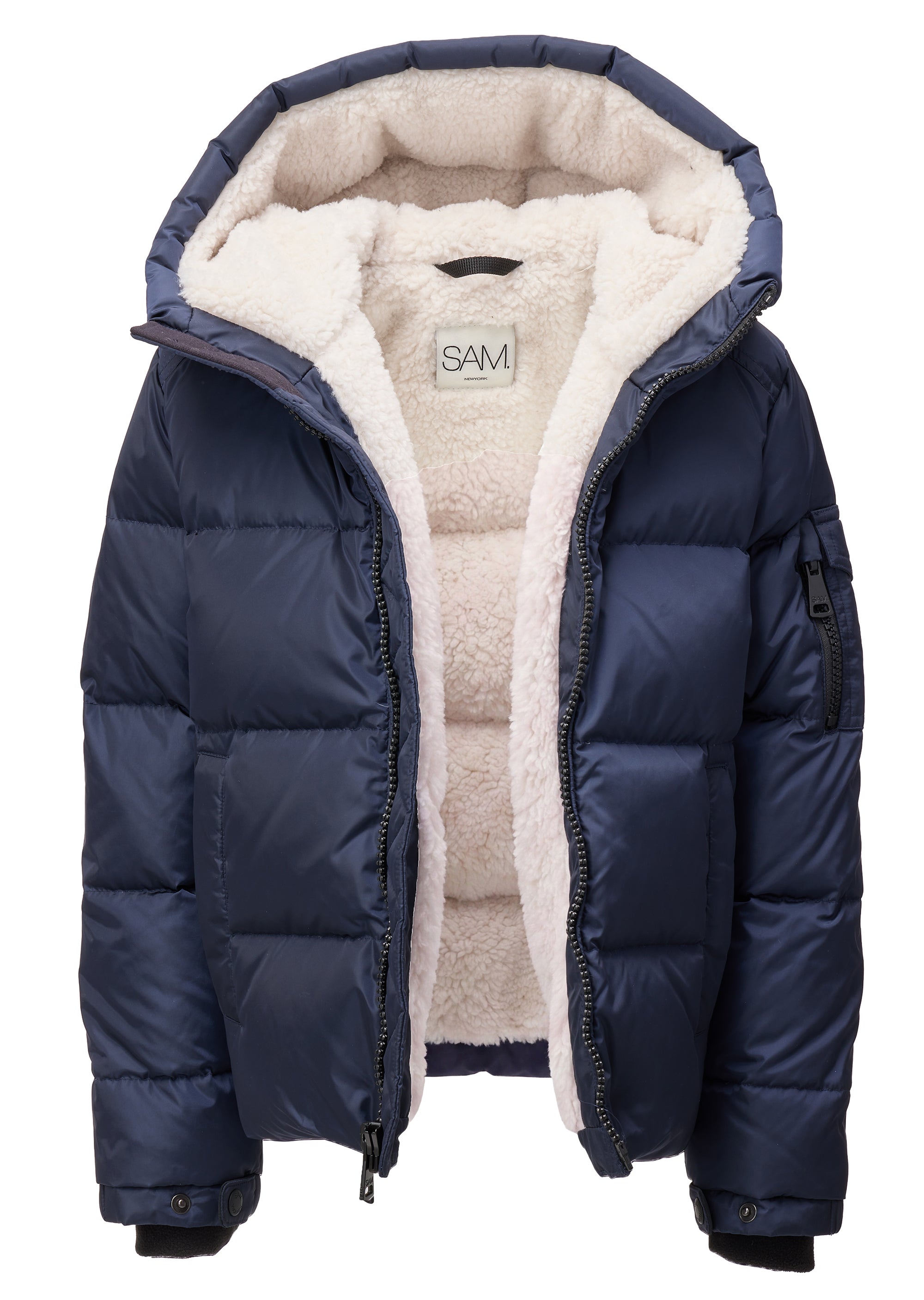 TODDLER BOYS SHERPA PARKER A navy blue puffer jacket with a thick cream sherpa lining, featuring a zippered front, hood, and side pockets, shown against a plain white background.