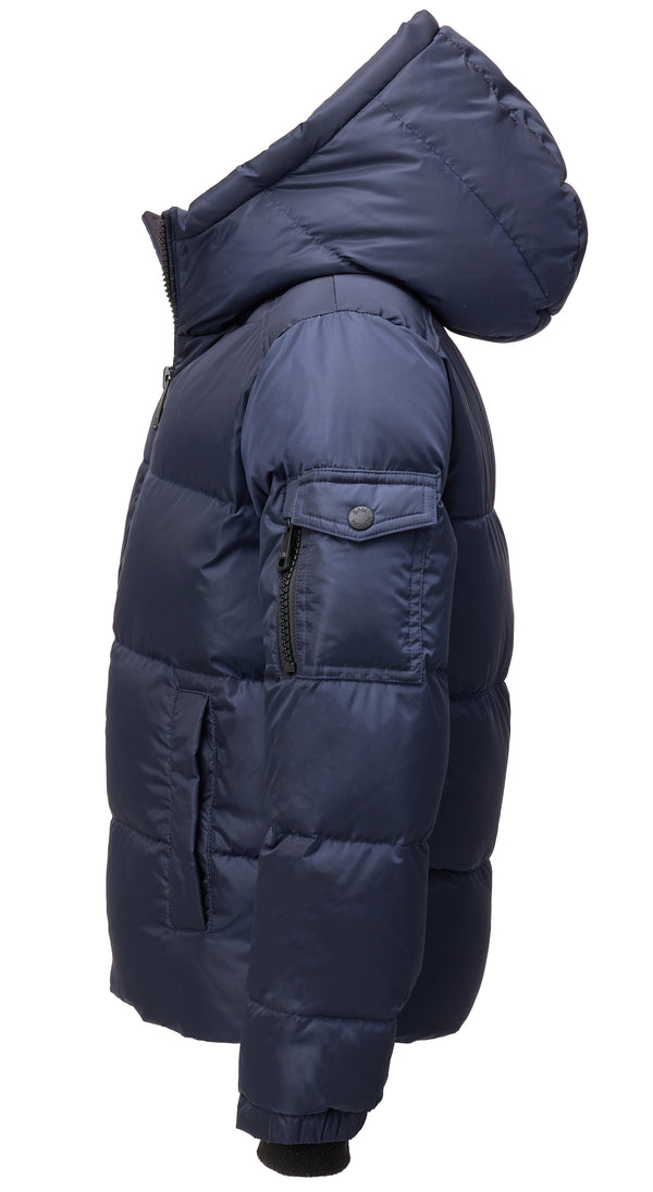 TODDLER BOYS SHERPA PARKER A navy blue hooded puffer jacket shown from a side profile view against a plain white background.