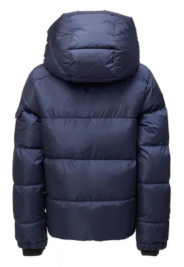 TODDLER BOYS SHERPA PARKER A navy blue hooded puffer jacket shown from the back, featuring horizontal quilting and a smooth nylon-like finish, set against a plain white background.