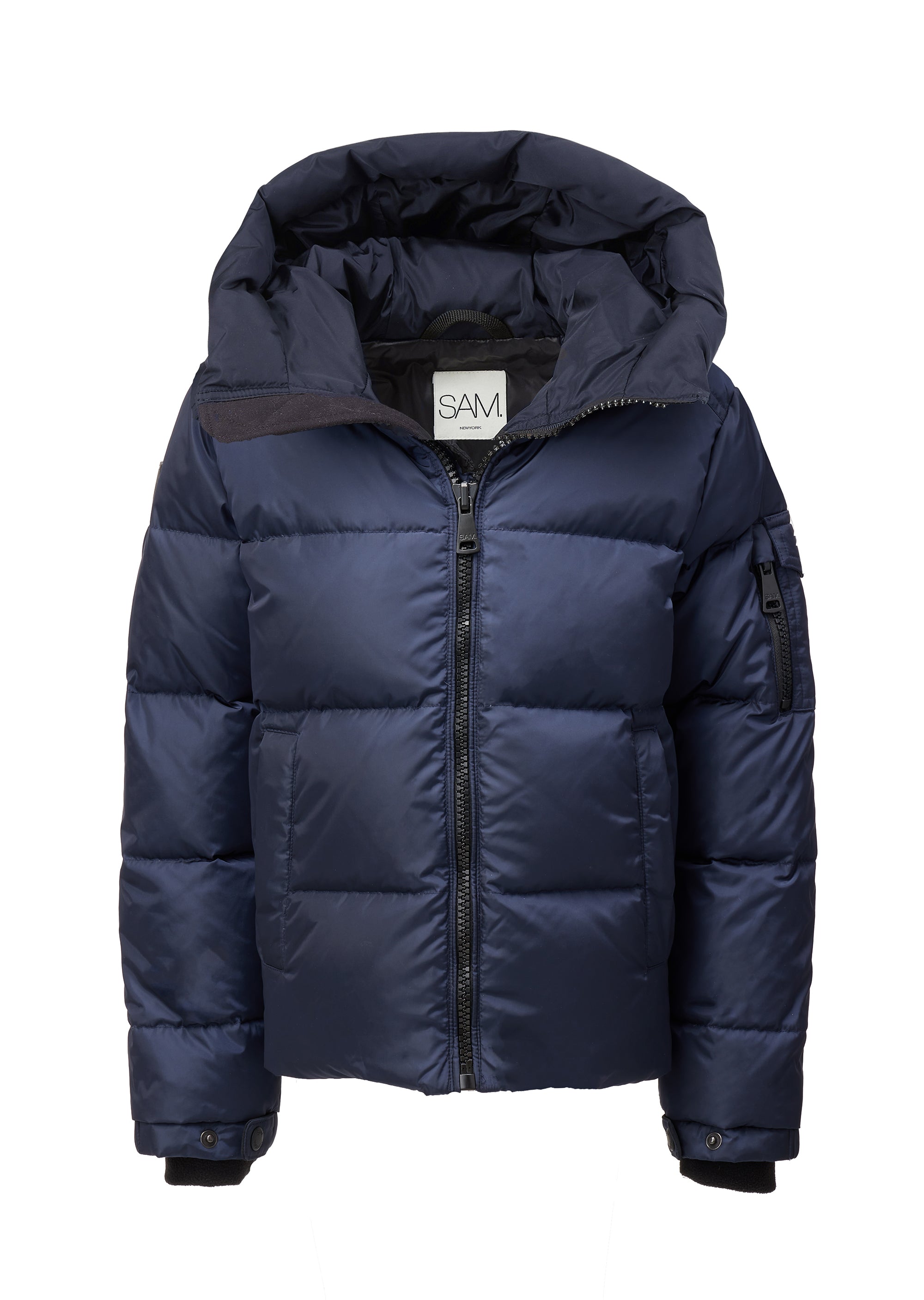 TODDLER BOYS PARKER navy puffer jacket from the front with the hood down featuring a center front zip, and a label inside that reads 