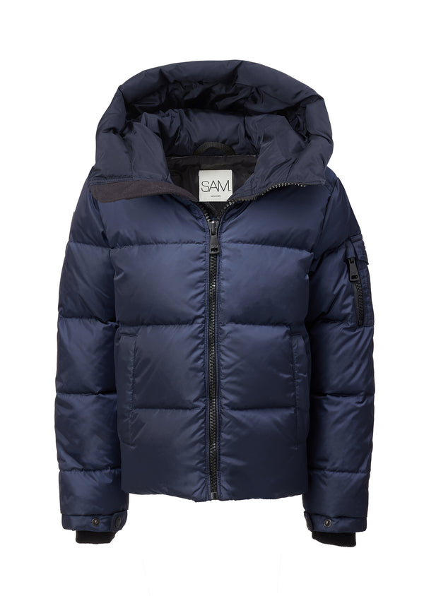 TODDLER BOYS PARKER navy puffer jacket from the front with the hood down featuring a center front zip, and a label inside that reads 