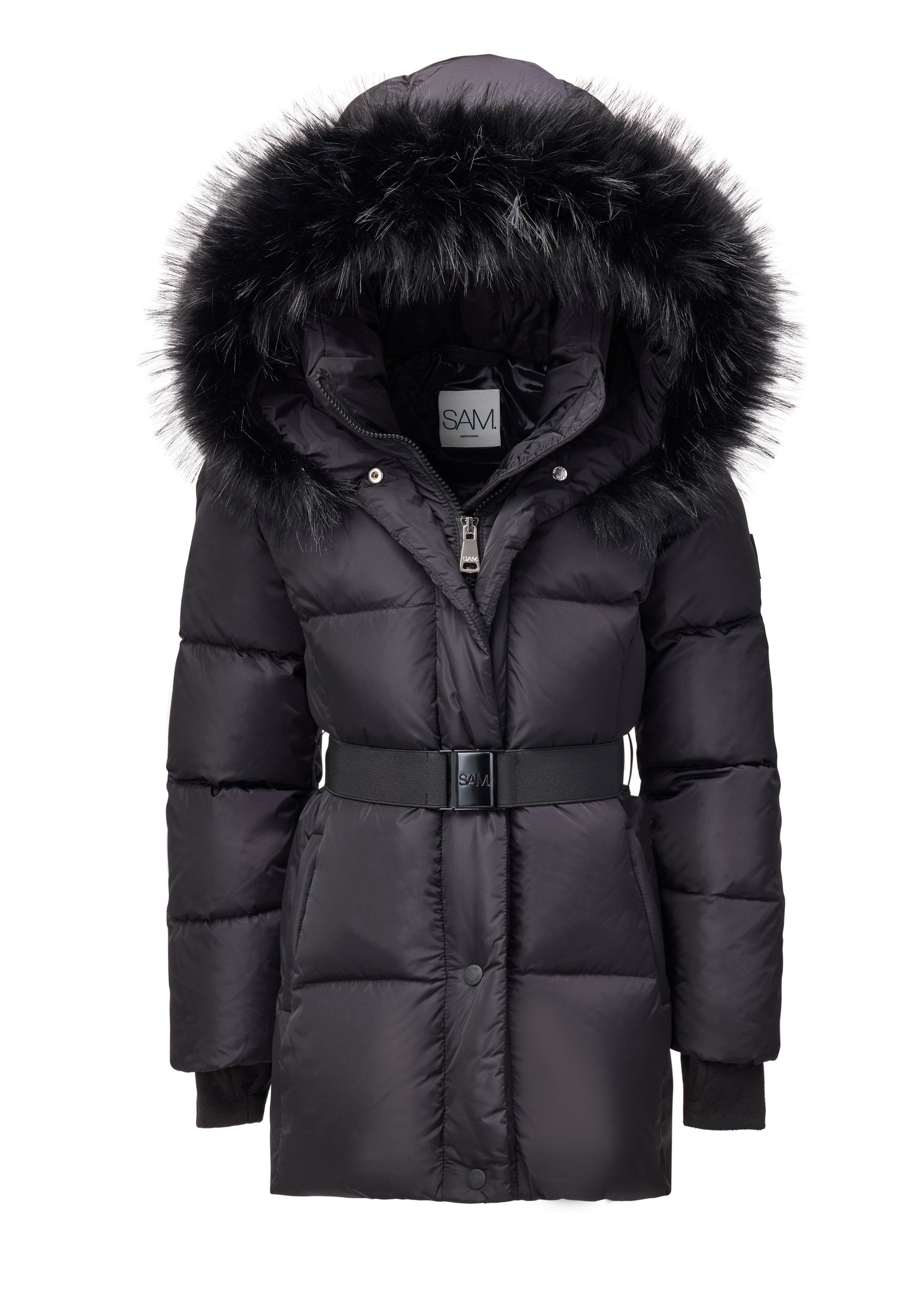 GIRLS SKYE front view of black puffer coat with logo embossed belt and faux fur trimmed hood up on a white background