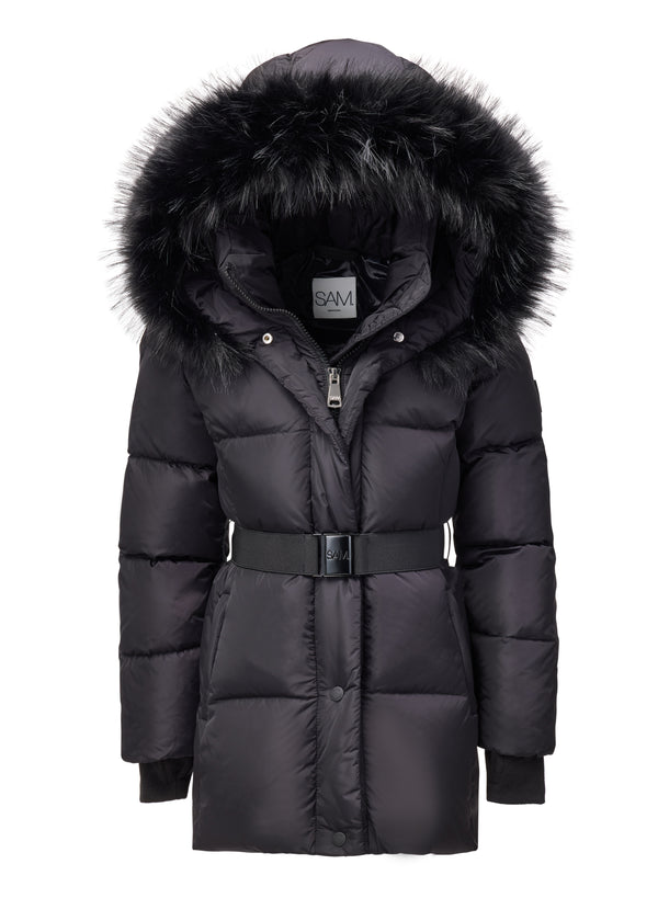 GIRLS SKYE front view of black puffer coat with logo embossed belt and faux fur trimmed hood up on a white background