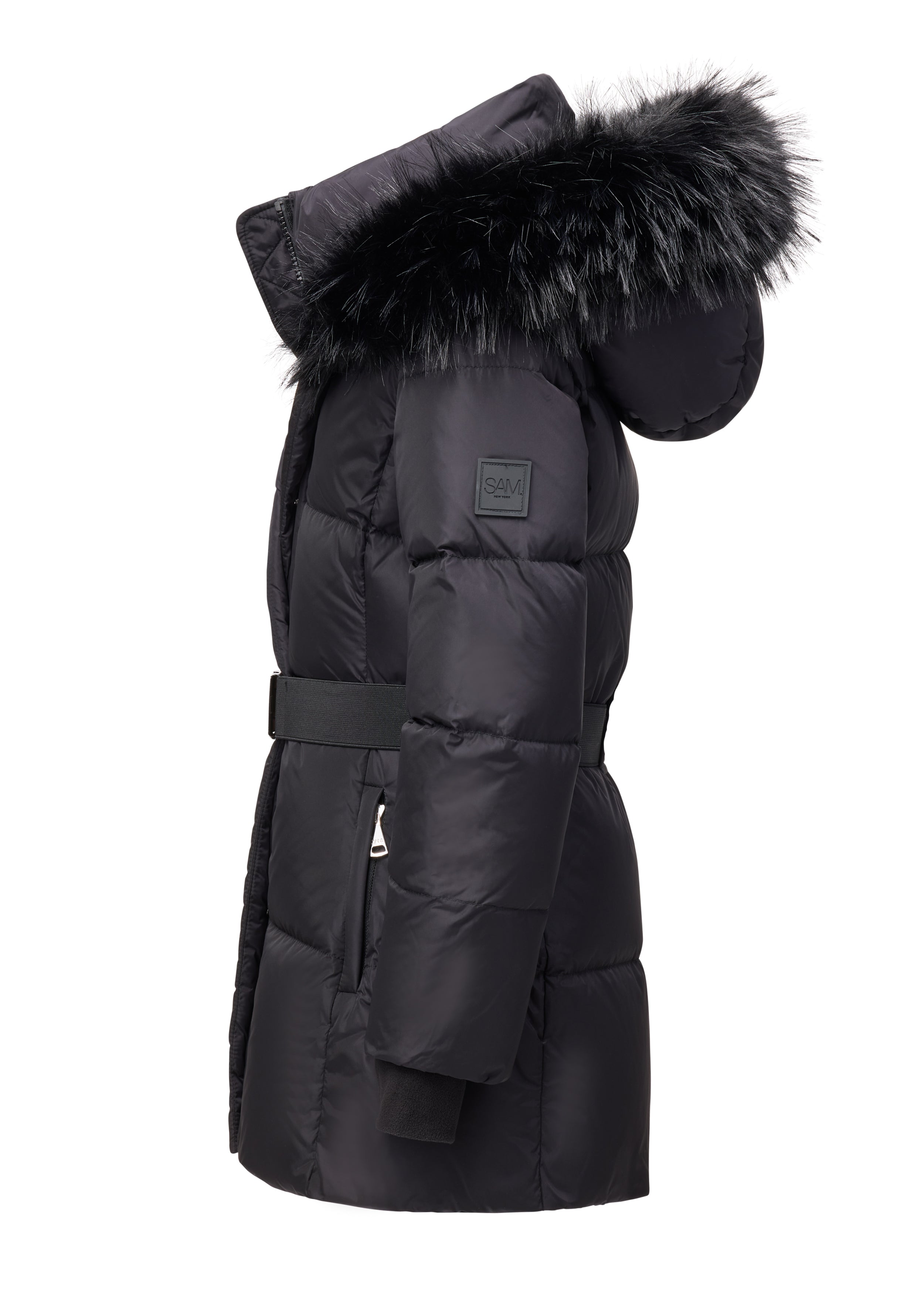 GIRLS SKYE A black puffer coat with a belted waist, featuring a large black fur-trimmed hood and a small square brand patch on the upper sleeve, shown against a plain white background.